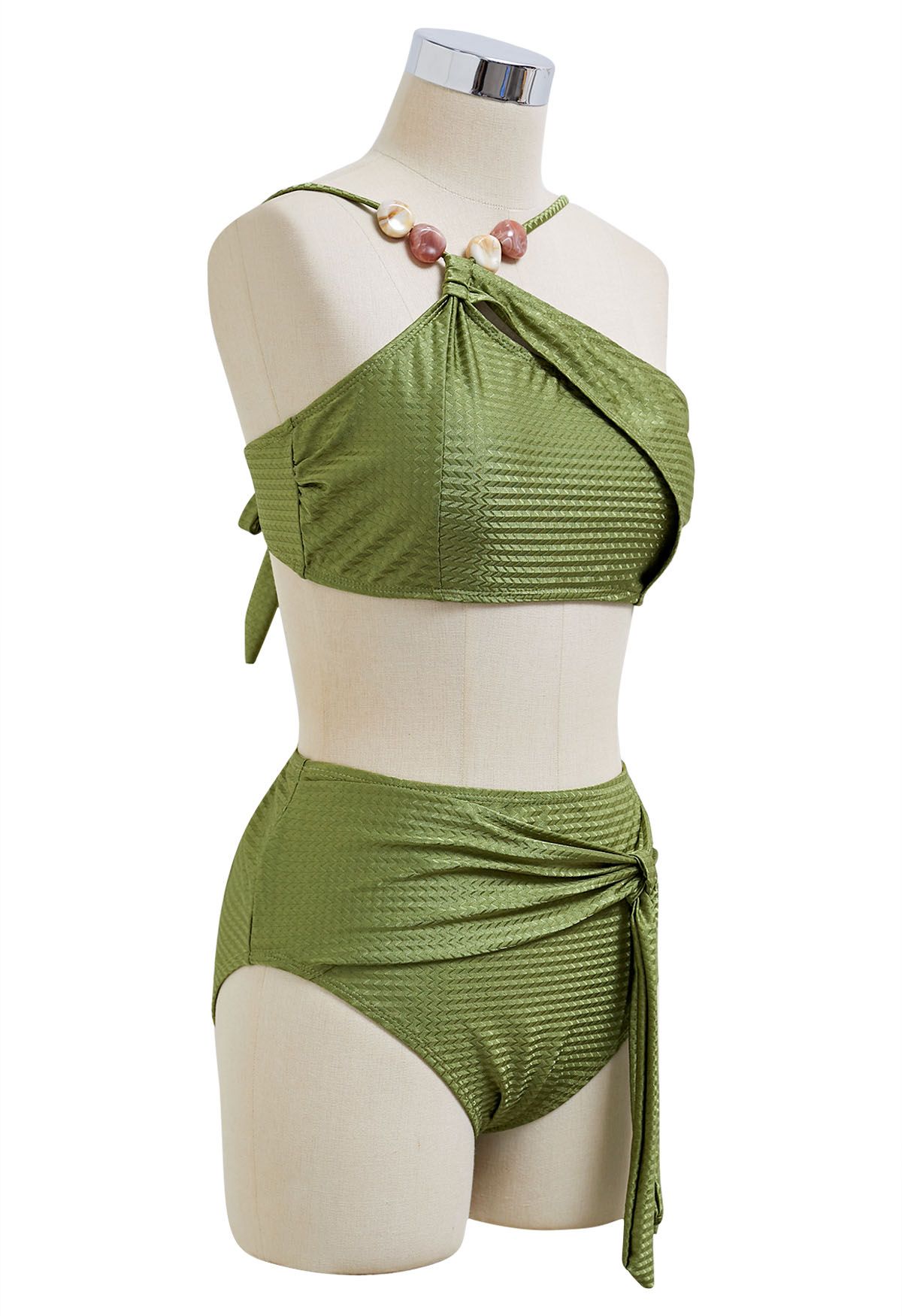 Ensemble de bikini avec nœud papillon et bretelles asymétriques en perles de résine en vert armée