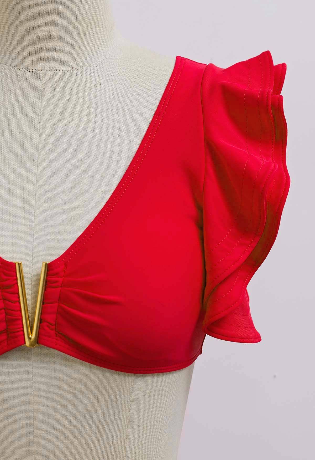 Ensemble de bikini à volants et bordures en métal en forme de V en rouge