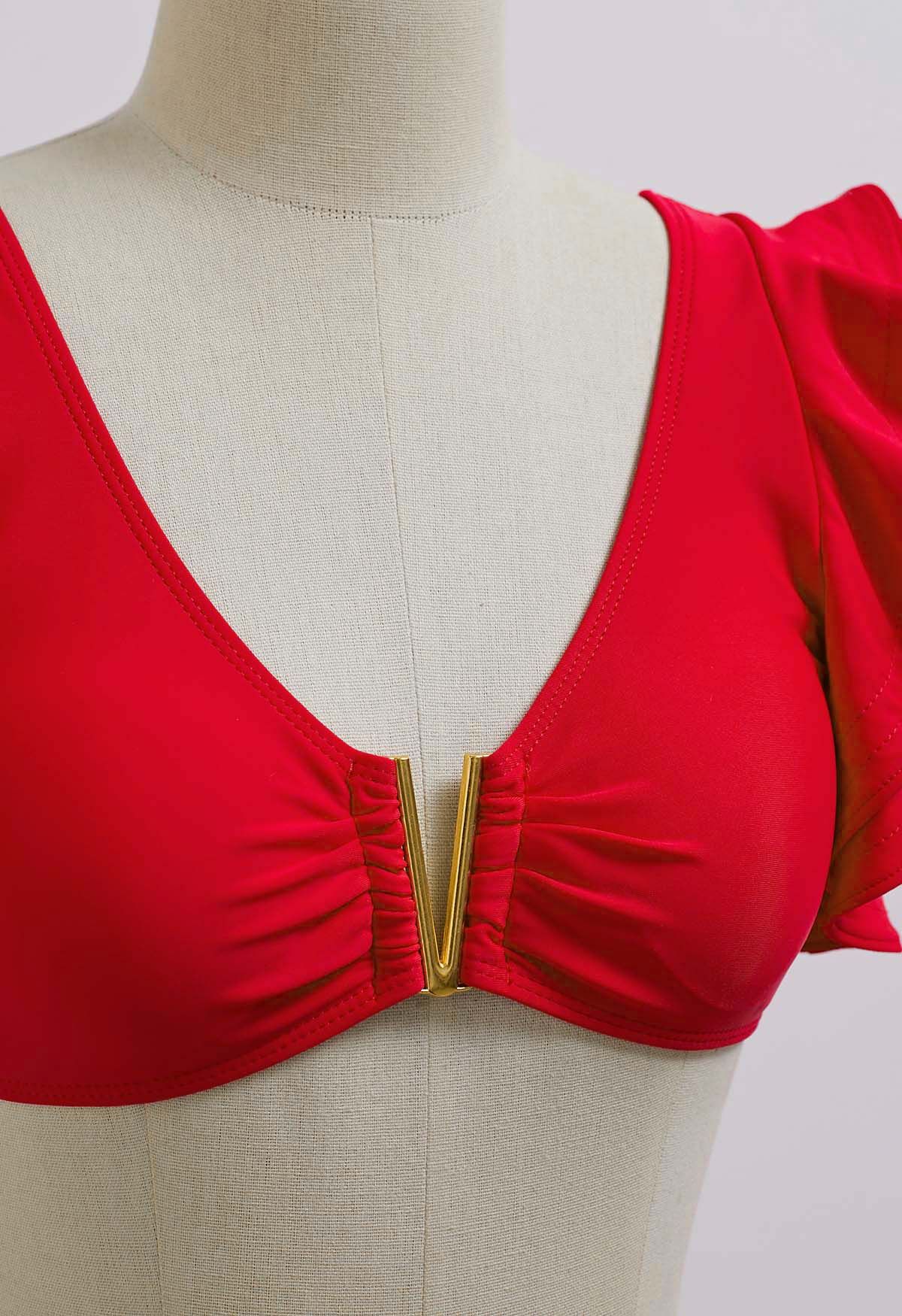 Ensemble de bikini à volants et bordures en métal en forme de V en rouge