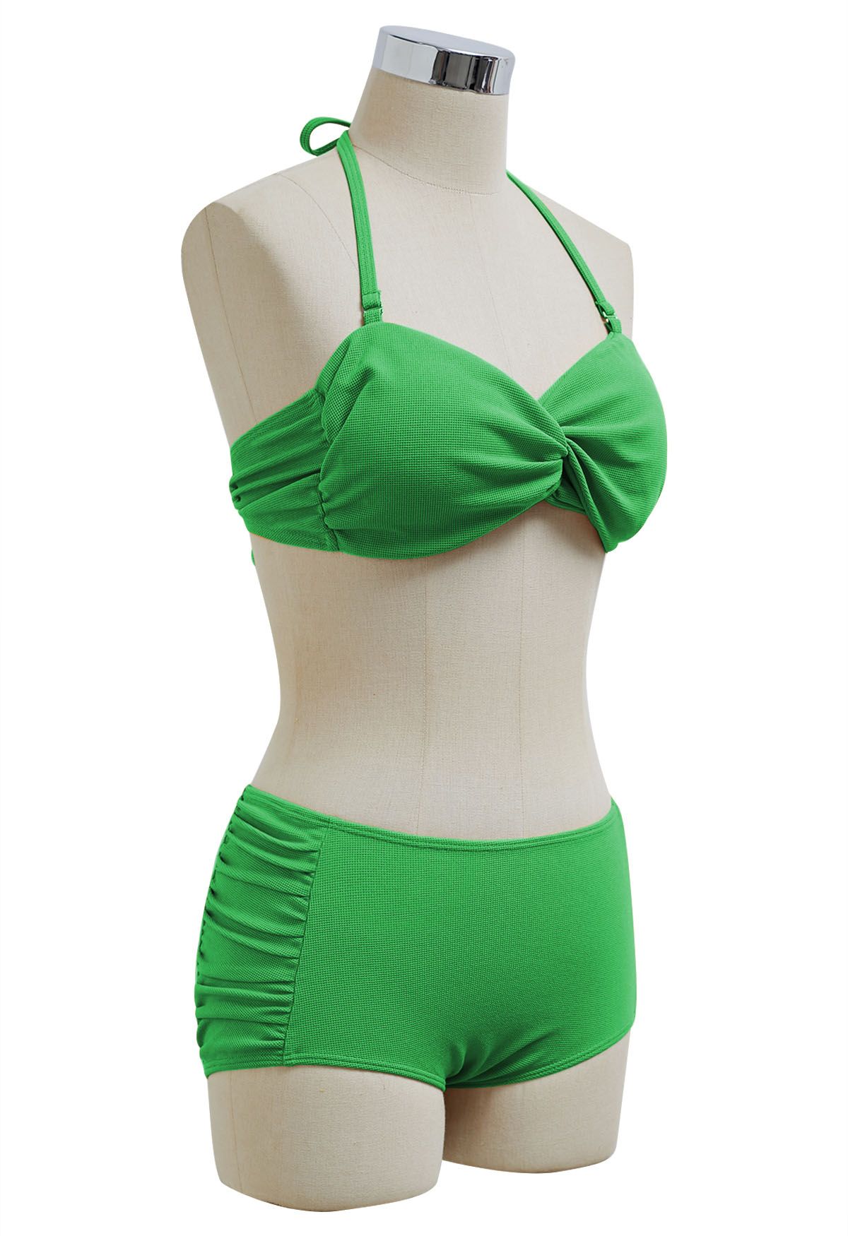 Ensemble de bikini dos nu froncé sur les côtés avec détail torsadé en vert