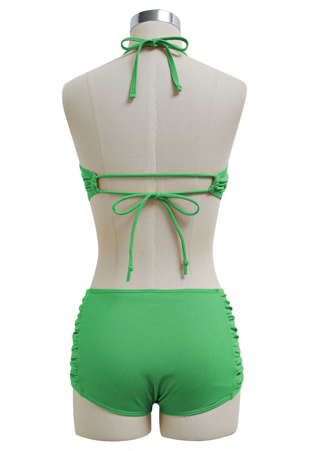 Ensemble de bikini dos nu froncé sur les côtés avec détail torsadé en vert