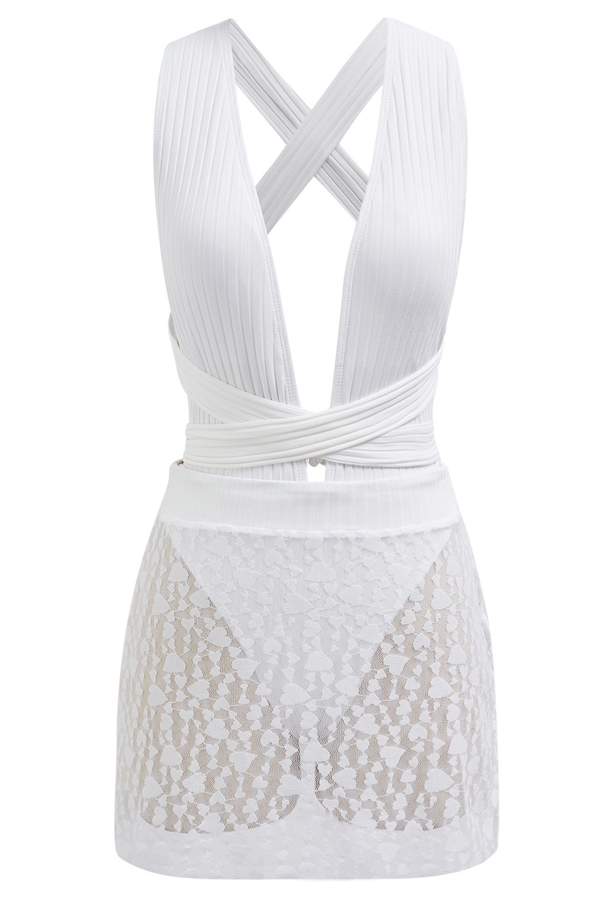 Ensemble maillot de bain à nouer et mini-jupe à texture rayée en blanc