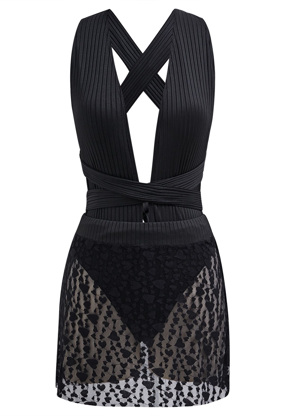 Ensemble maillot de bain à nouer et mini-jupe à texture rayée en noir