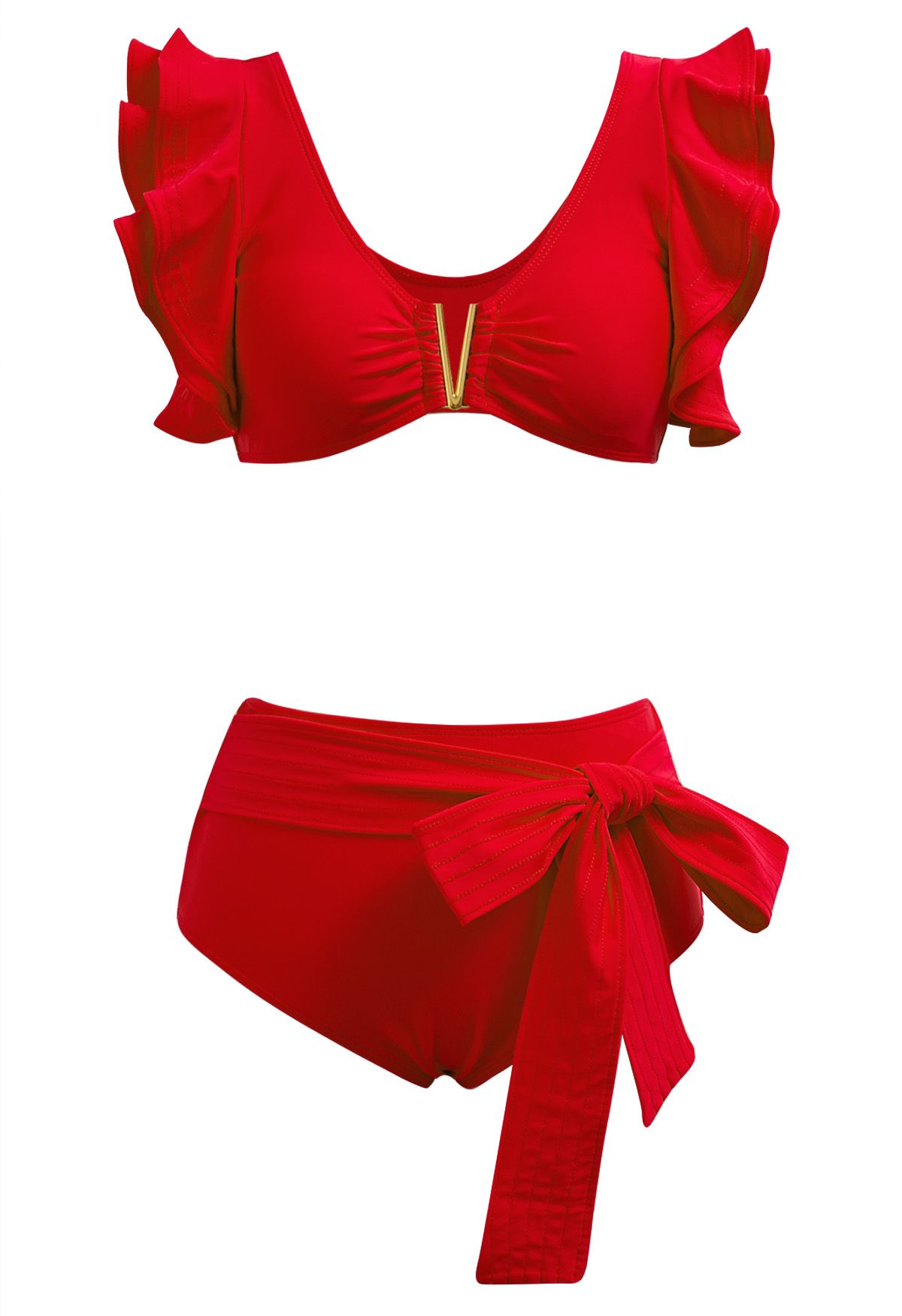 Ensemble de bikini à volants et bordures en métal en forme de V en rouge