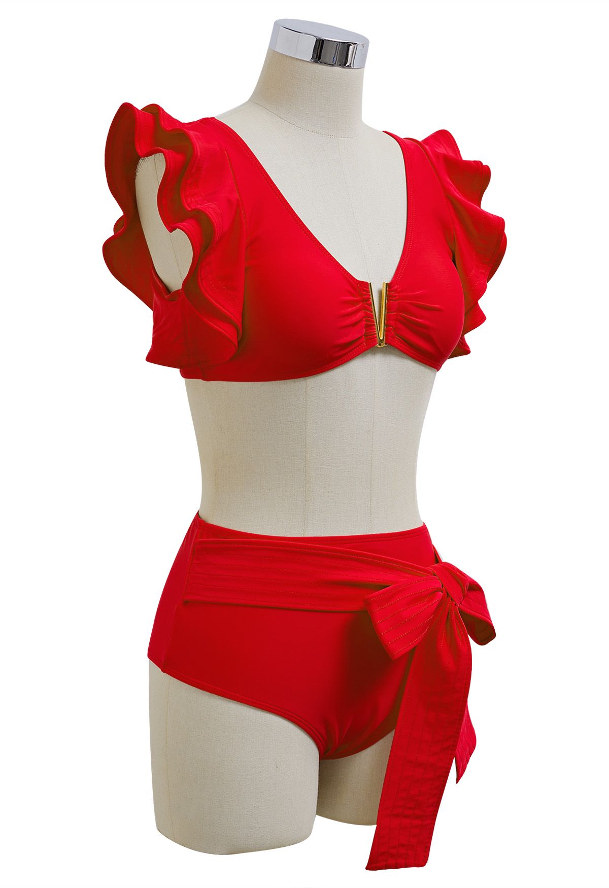 Ensemble de bikini à volants et bordures en métal en forme de V en rouge