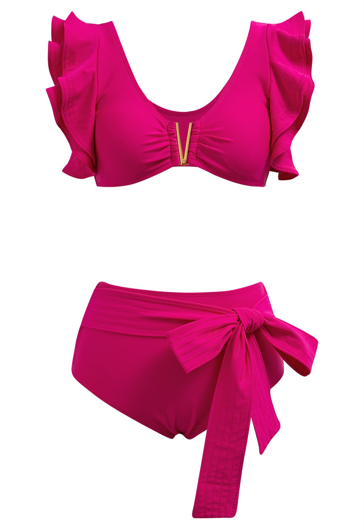 Ensemble de bikini à volants et bordure en métal en forme de V en rose vif