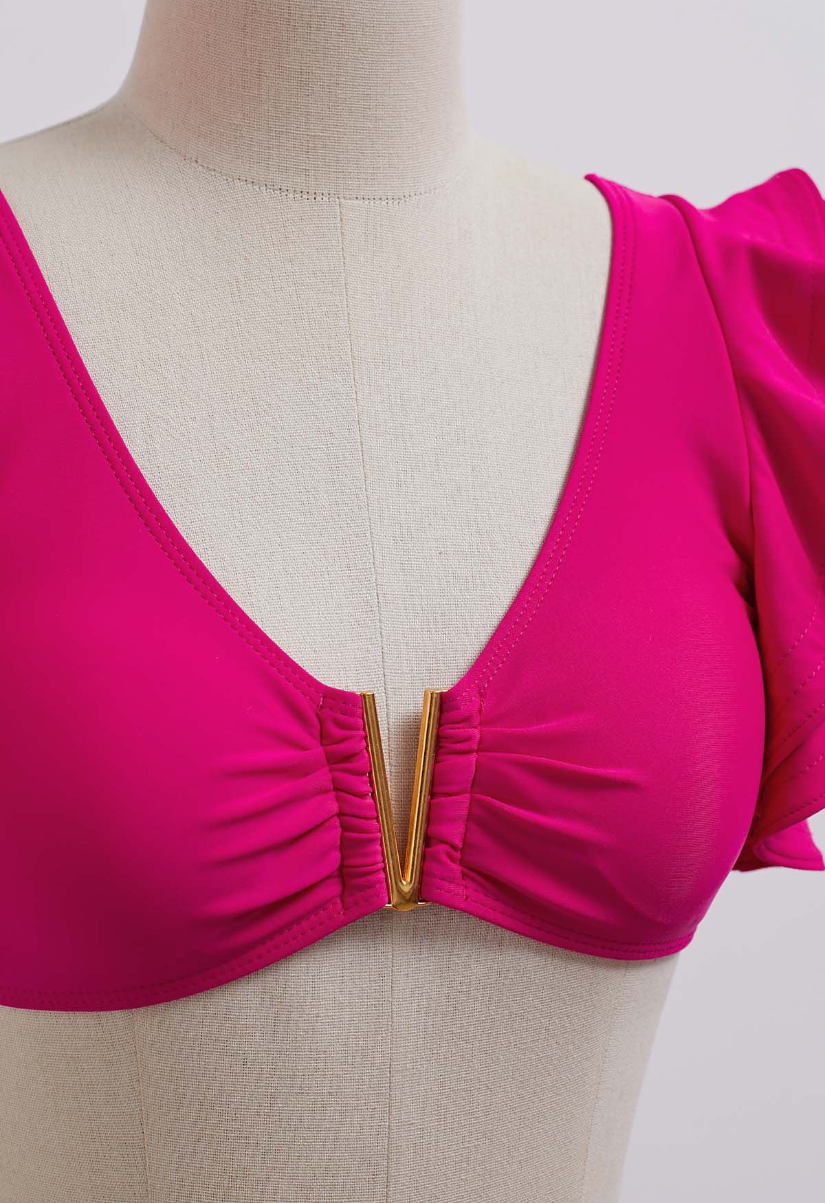 Ensemble de bikini à volants et bordure en métal en forme de V en rose vif