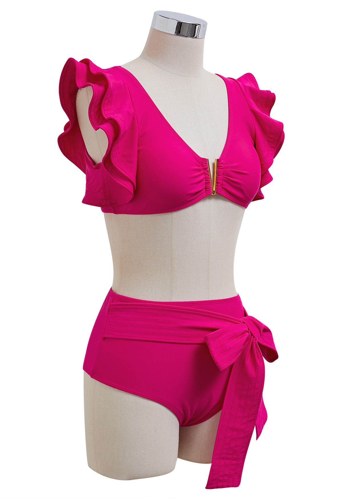 Ensemble de bikini à volants et bordure en métal en forme de V en rose vif