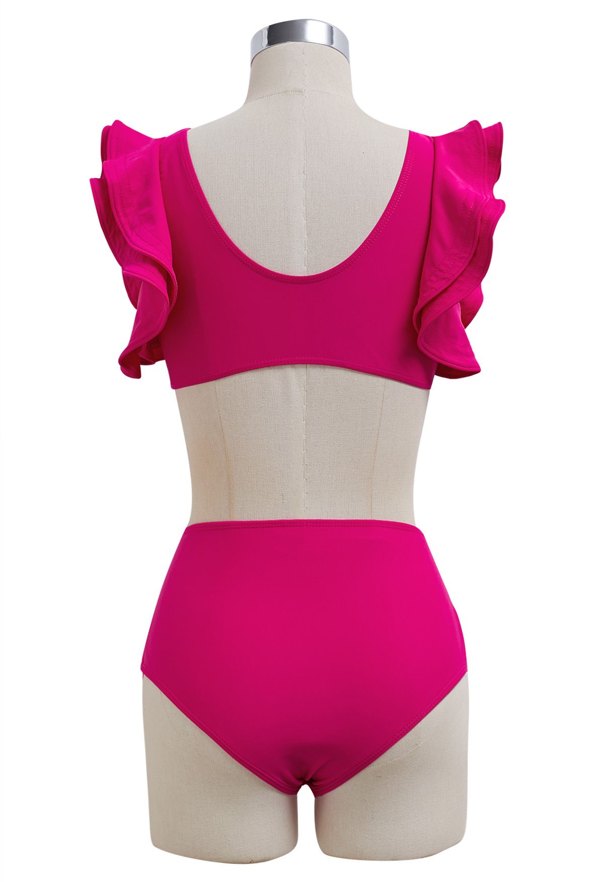 Ensemble de bikini à volants et bordure en métal en forme de V en rose vif