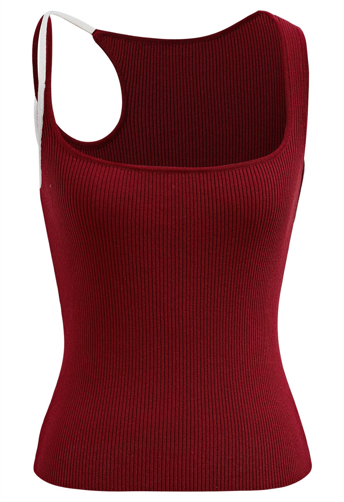 Débardeur en tricot côtelé à bretelles asymétriques contrastées en rouge