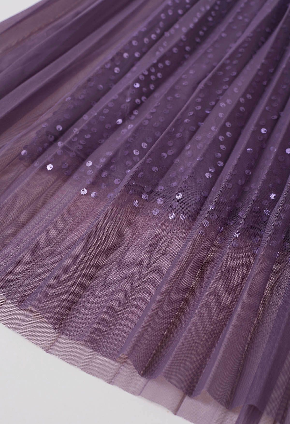 Jupe mi-longue en tulle à bordures en sequins Glister en violet