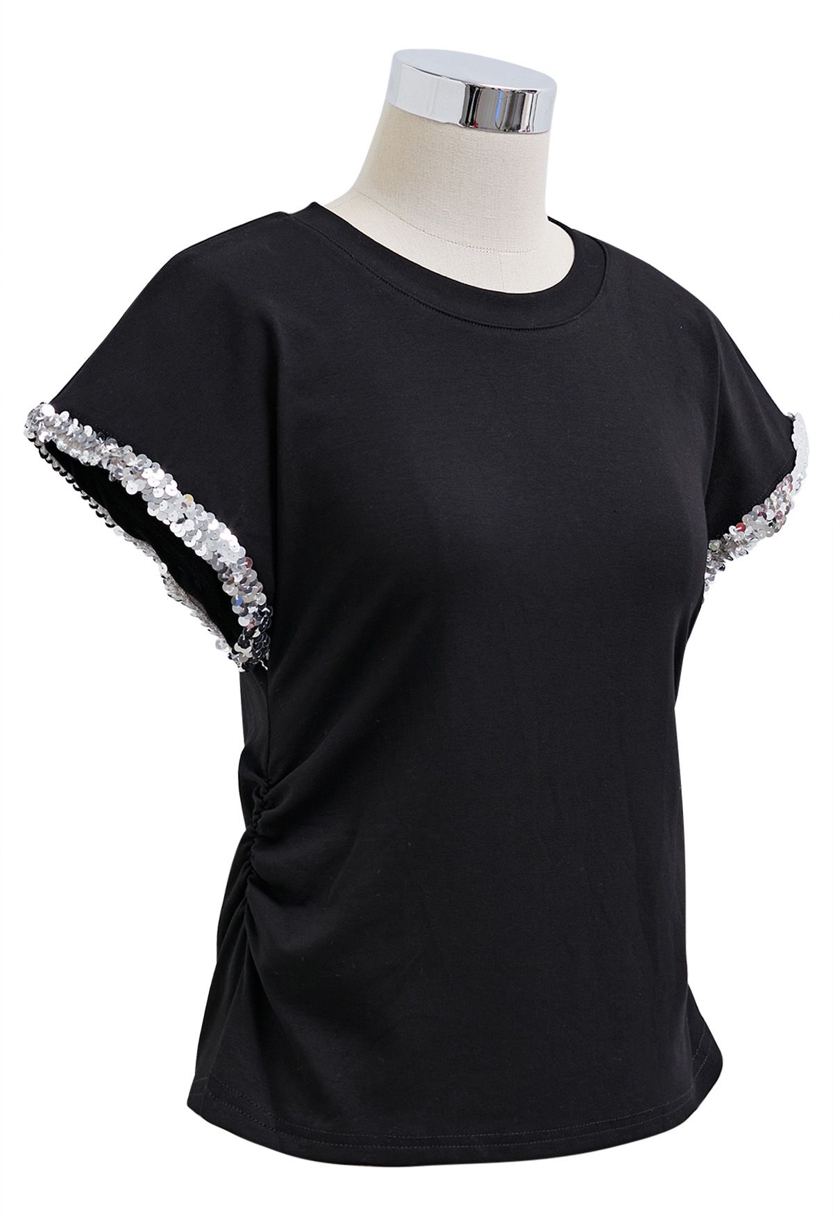 T-shirt froncé sur les côtés à revers et sequins, noir