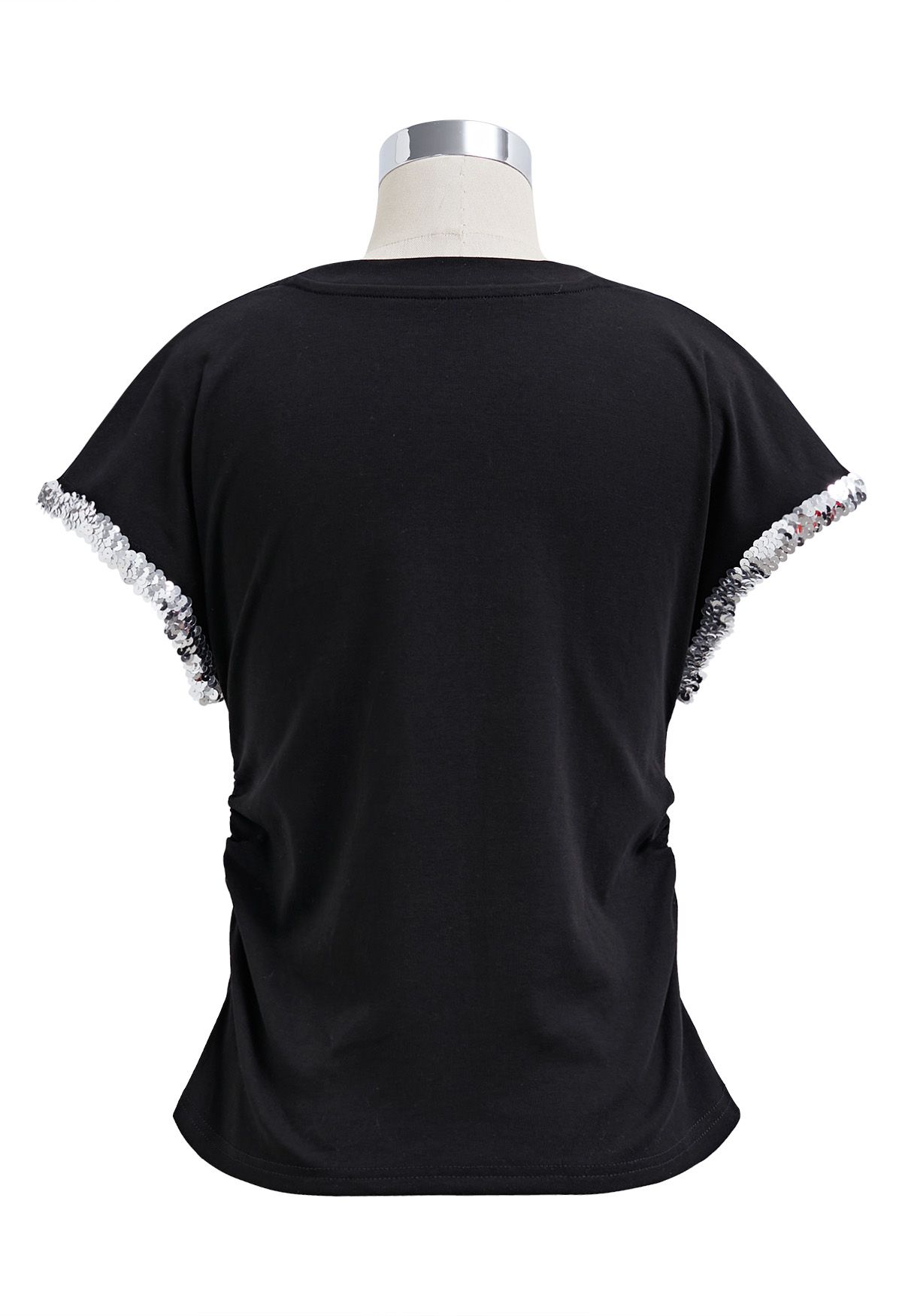 T-shirt froncé sur les côtés à revers et sequins, noir