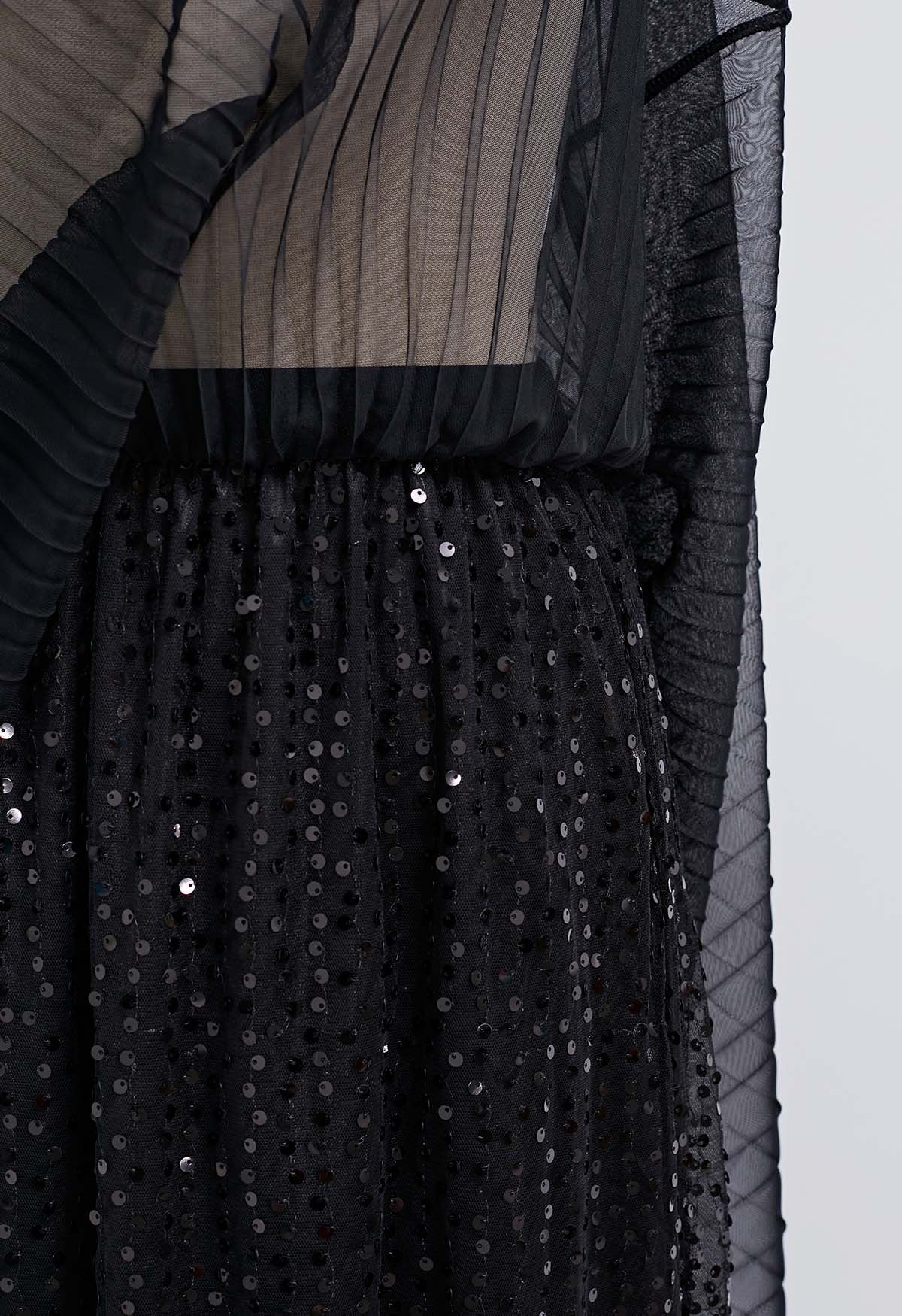 Jupe mi-longue en tulle avec bordure en sequins Glister en noir