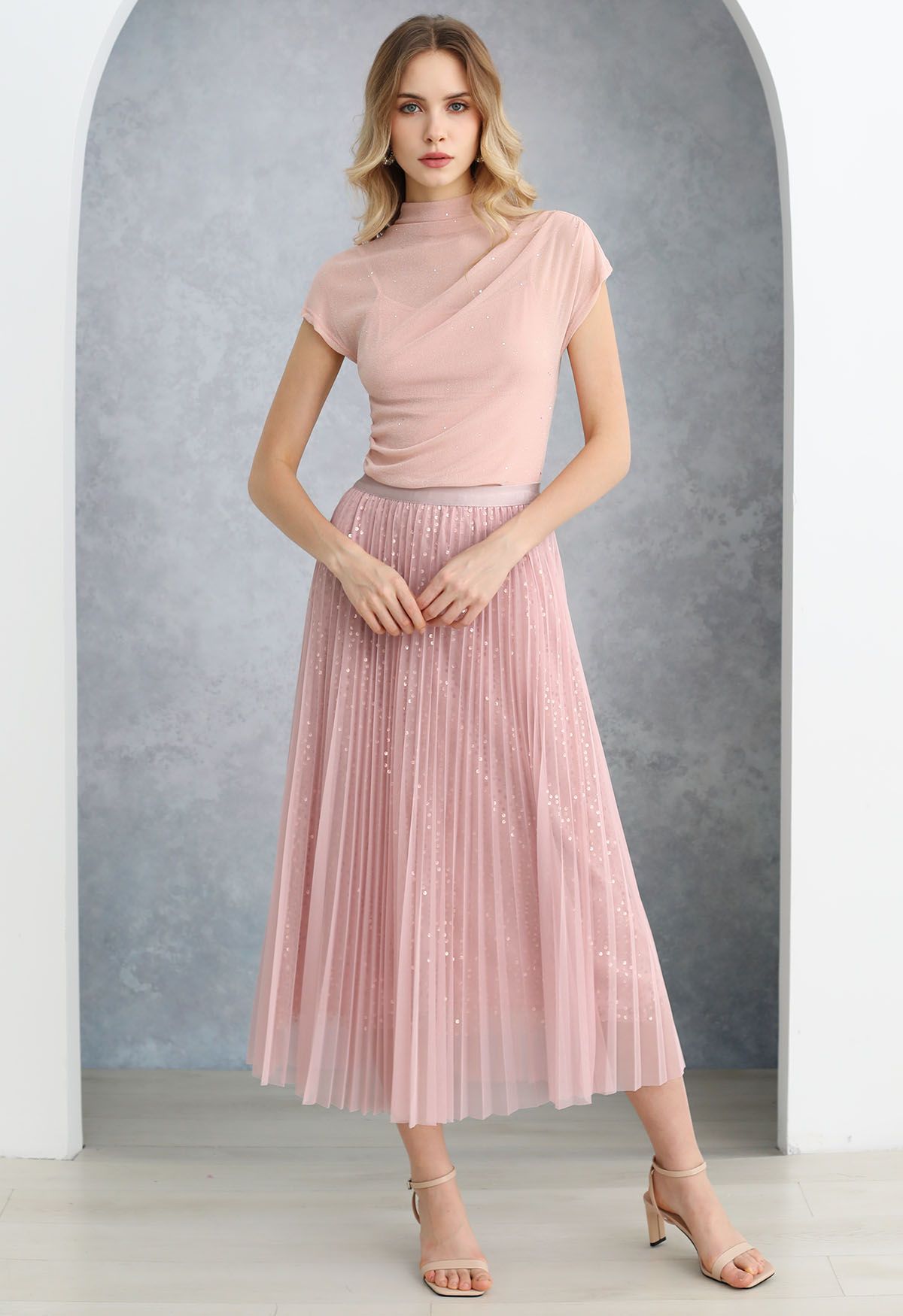 Jupe mi-longue en tulle avec bordure en sequins Glister en rose