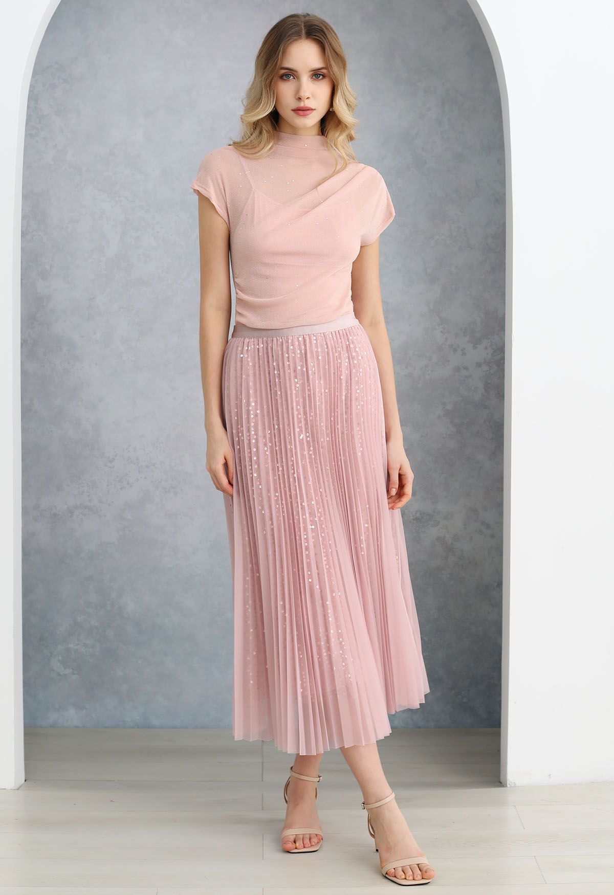 Jupe mi-longue en tulle avec bordure en sequins Glister en rose