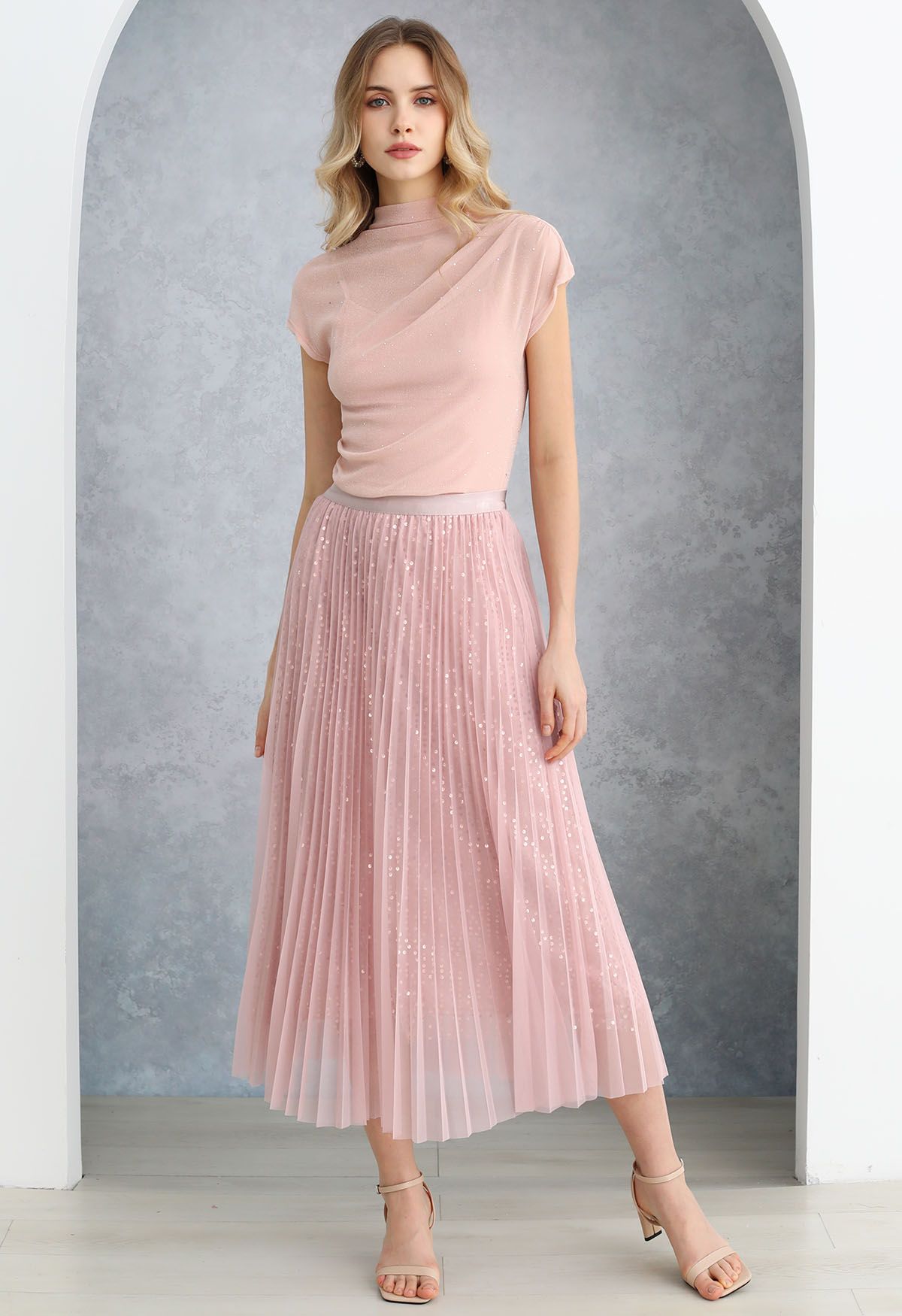 Jupe mi-longue en tulle avec bordure en sequins Glister en rose