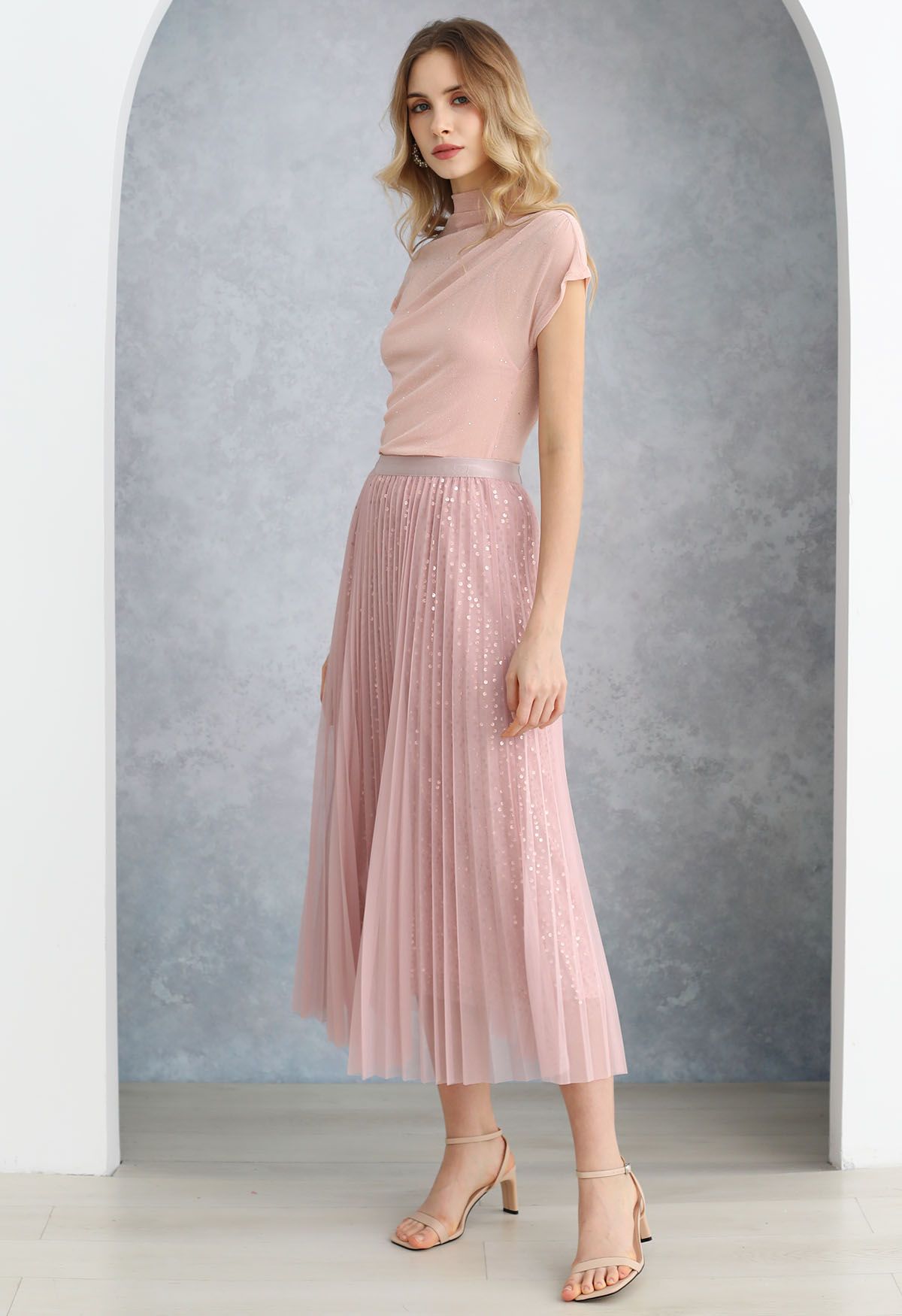 Jupe mi-longue en tulle avec bordure en sequins Glister en rose