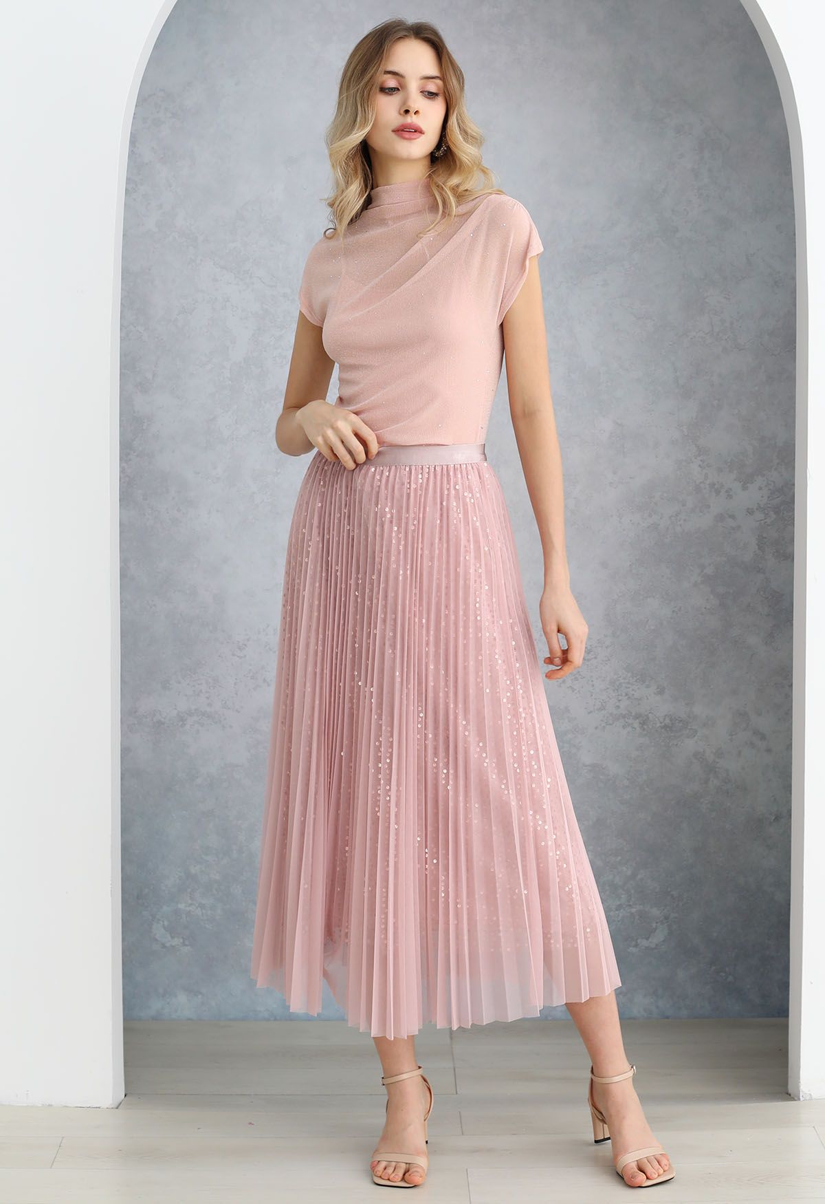 Jupe mi-longue en tulle avec bordure en sequins Glister en rose