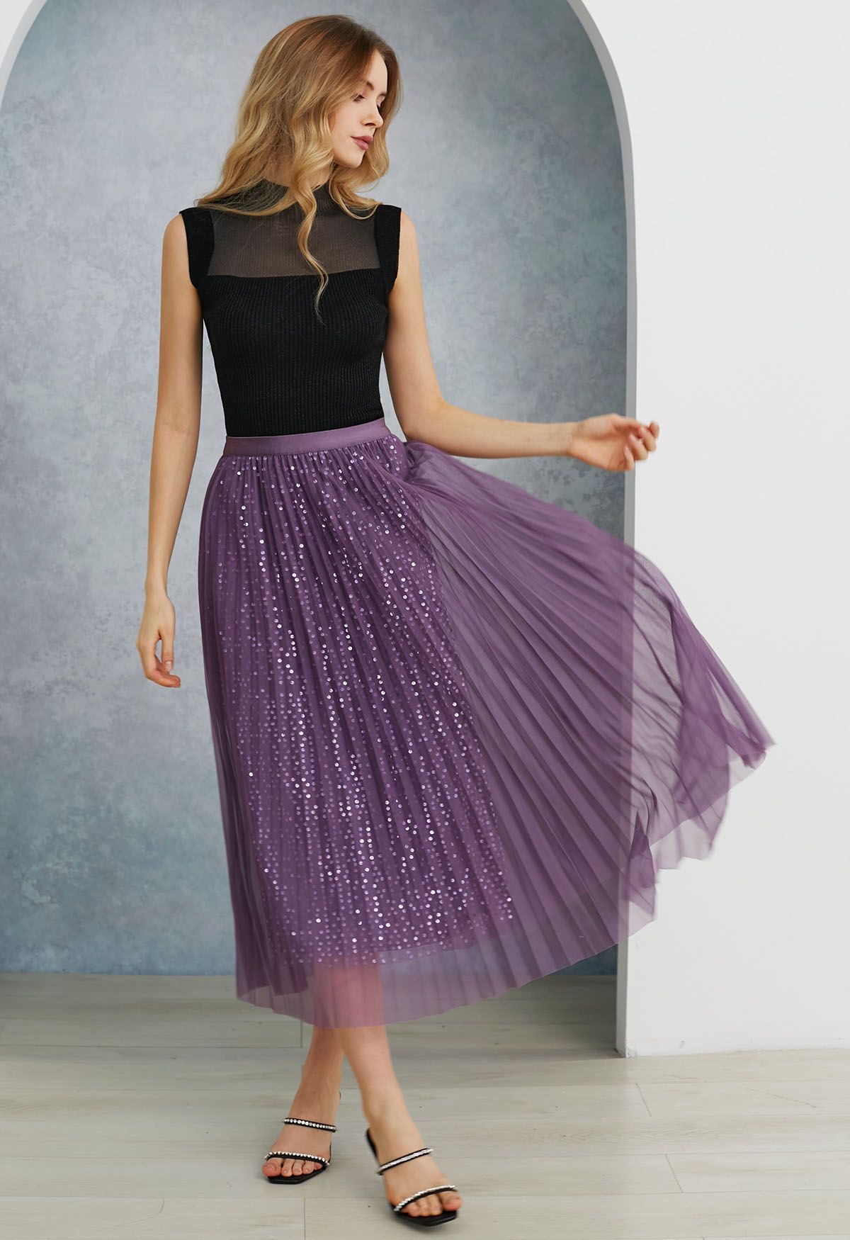 Jupe mi-longue en tulle à bordures en sequins Glister en violet