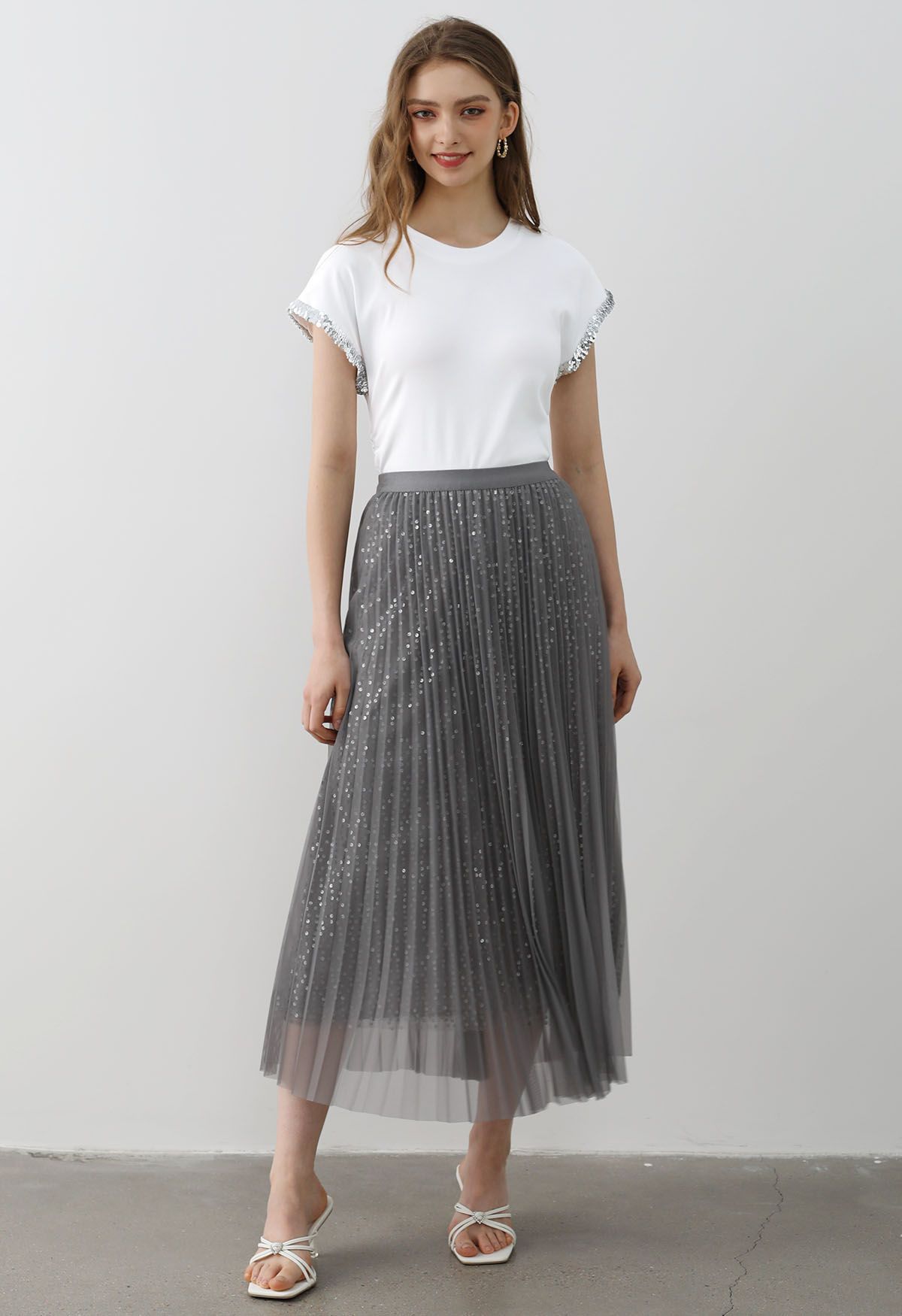 Jupe mi-longue en tulle à bordures en sequins Glister en gris