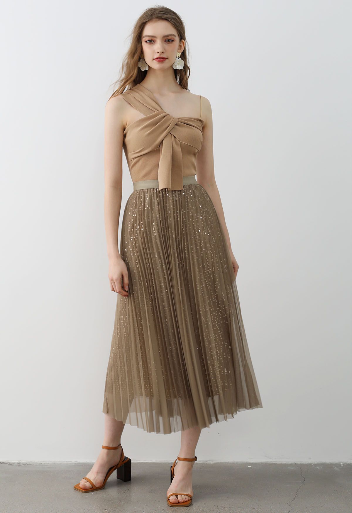 Jupe mi-longue en tulle et tulle à bordures en sequins Glister, beige