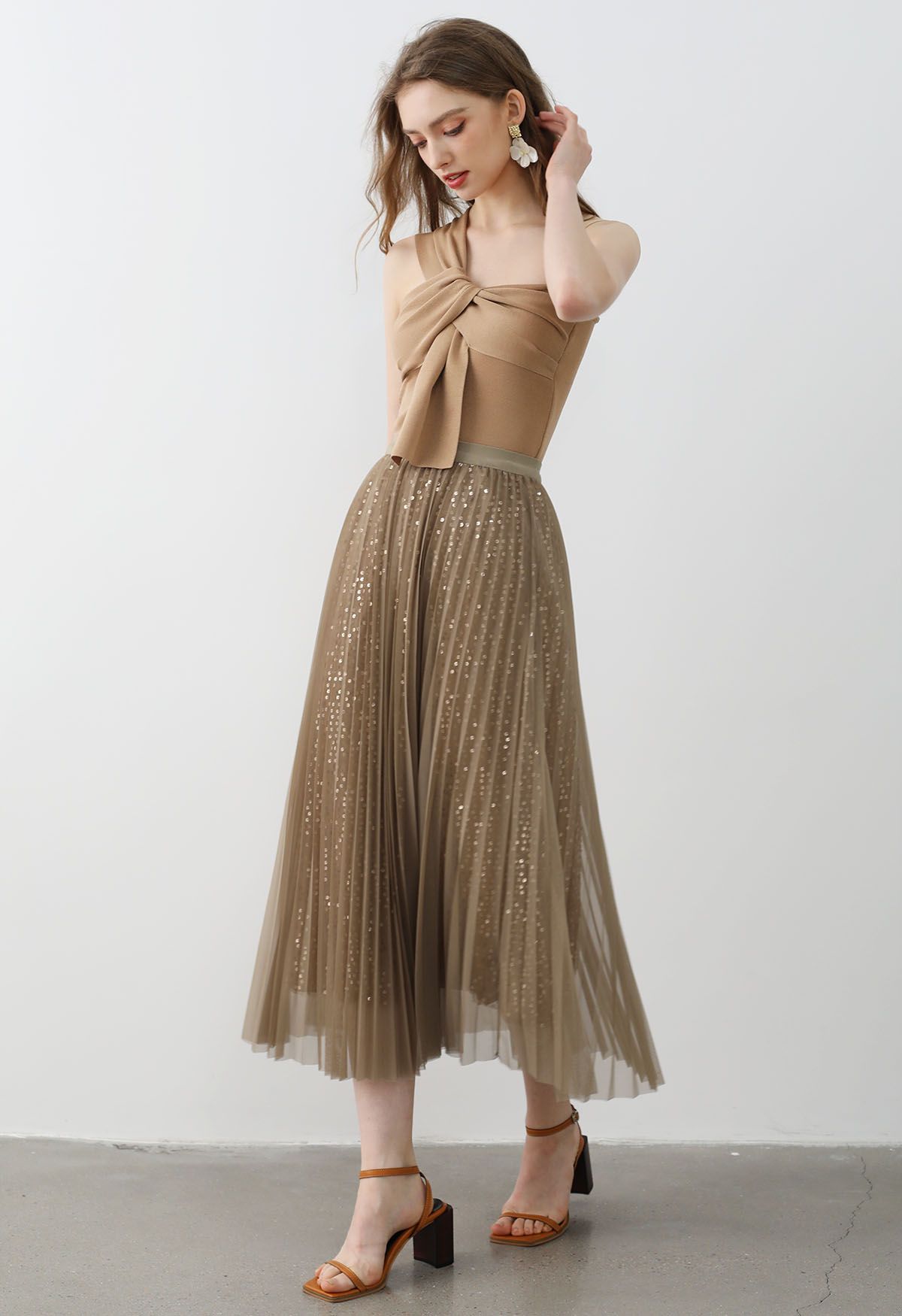 Jupe mi-longue en tulle et tulle à bordures en sequins Glister, beige