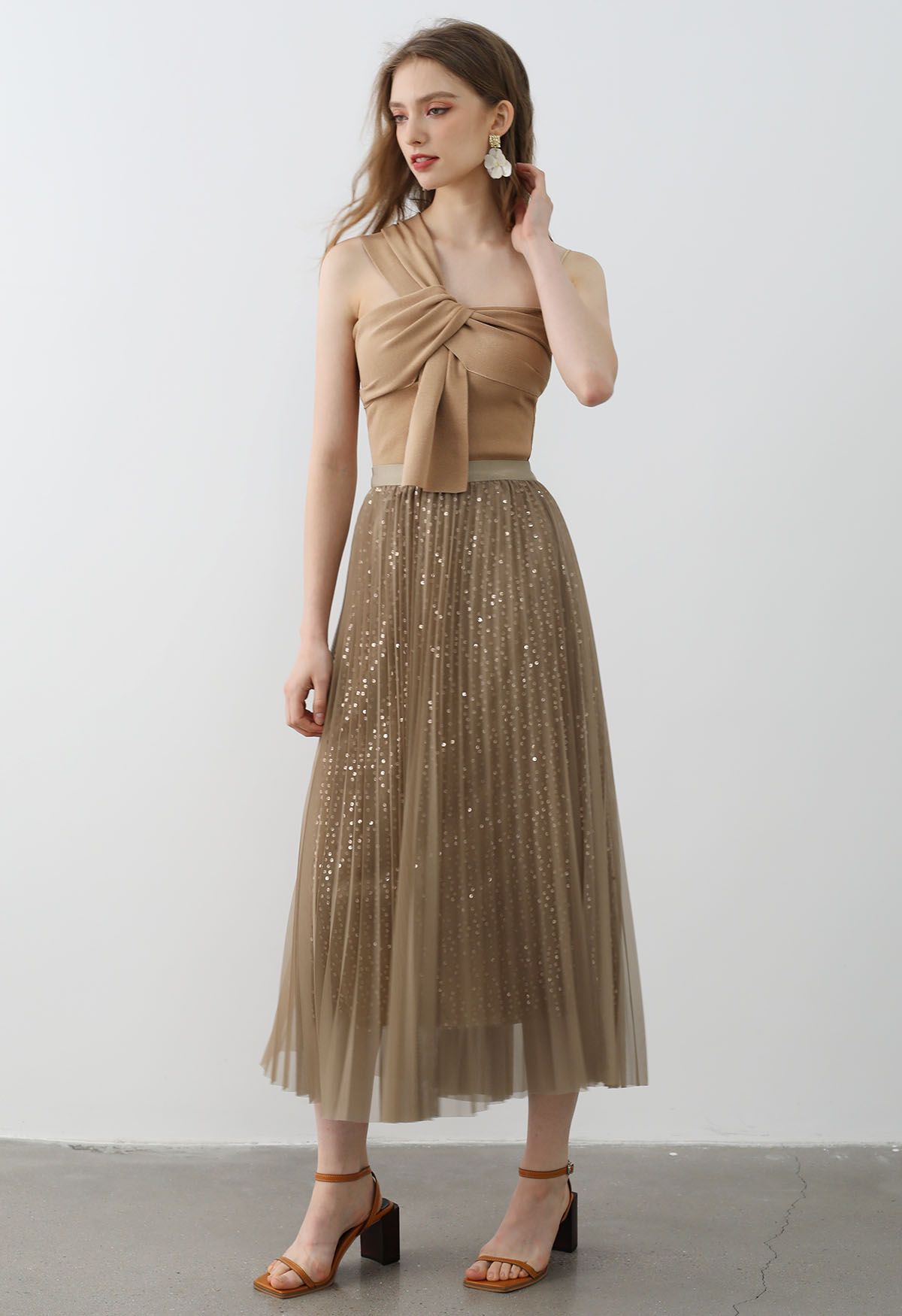 Jupe mi-longue en tulle et tulle à bordures en sequins Glister, beige