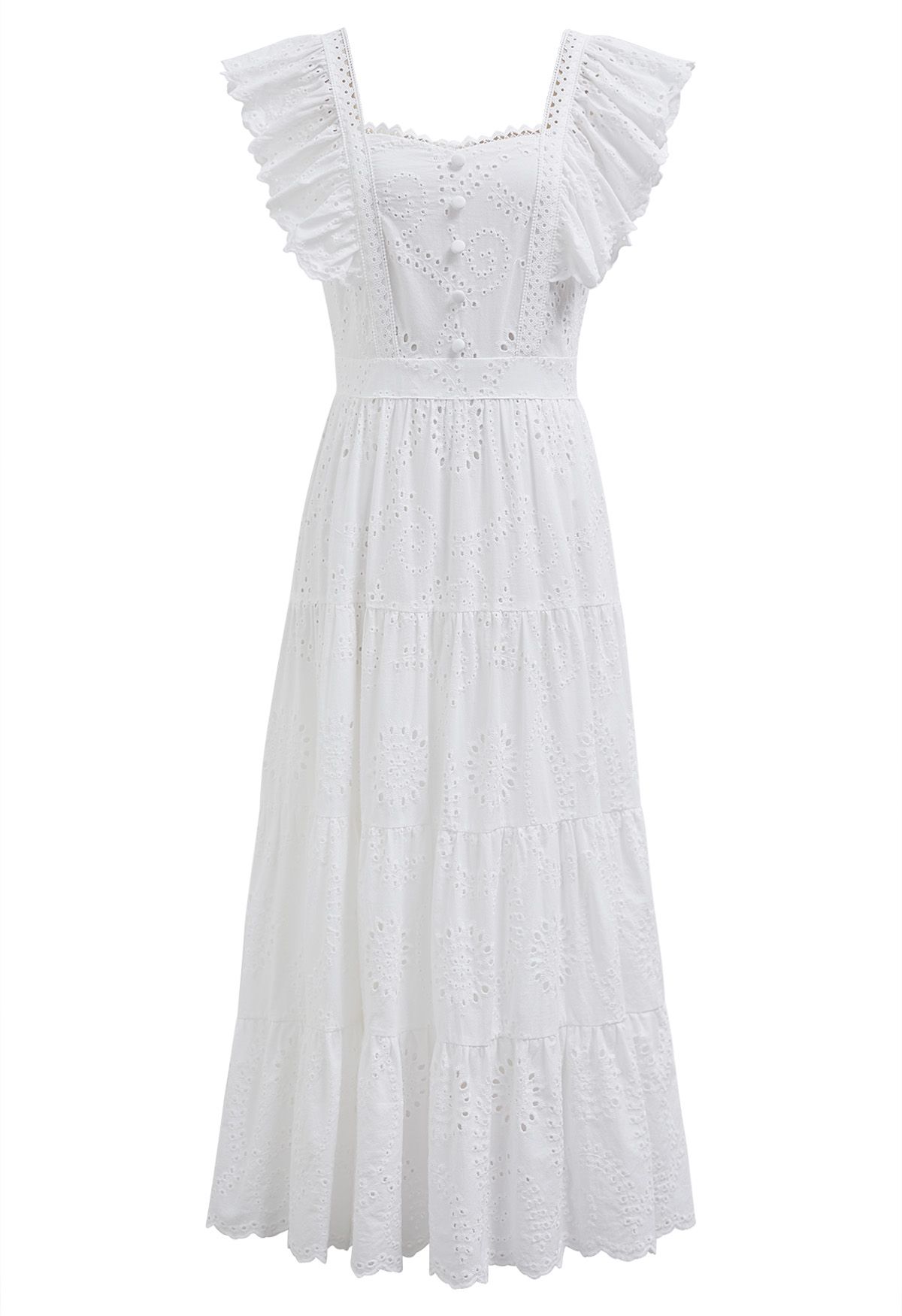 Robe longue brodée d'œillets à encolure en cœur en blanc