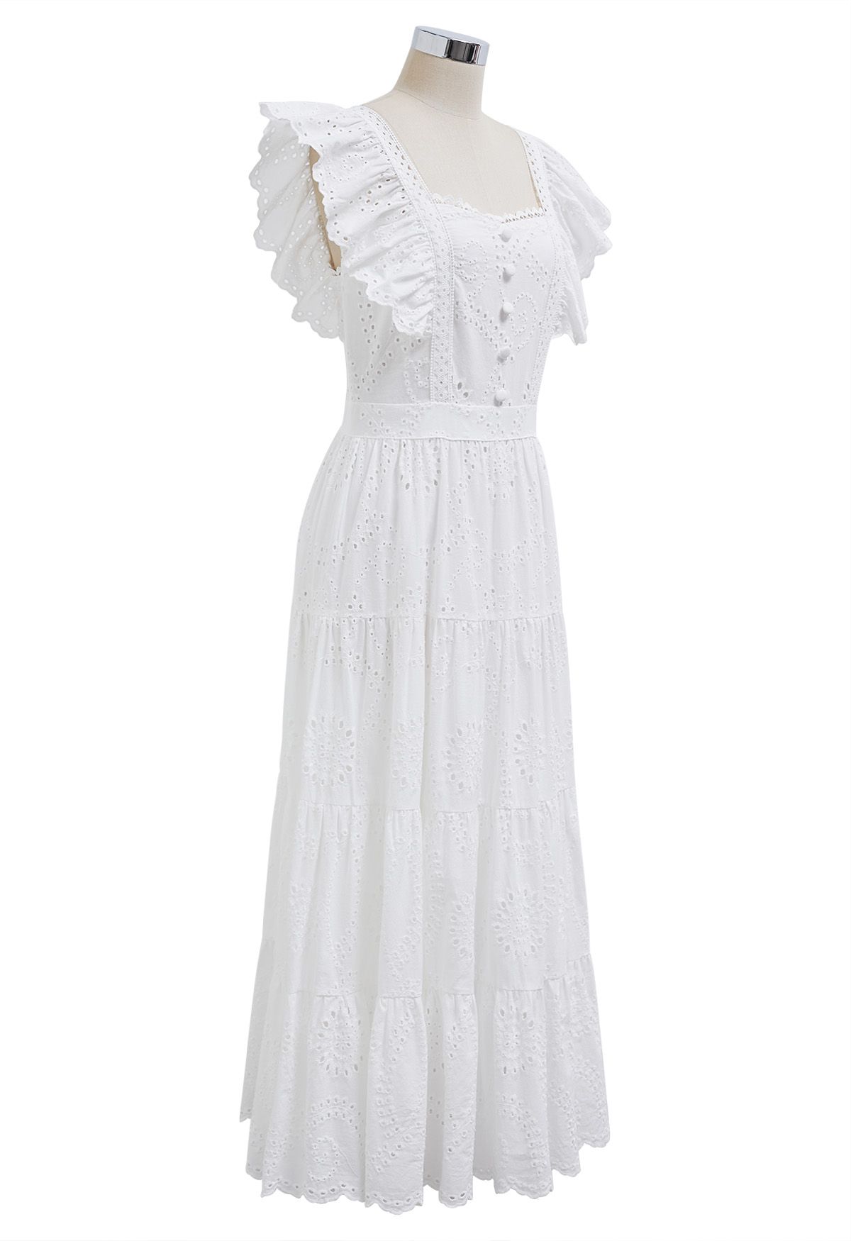 Robe longue brodée d'œillets à encolure en cœur en blanc