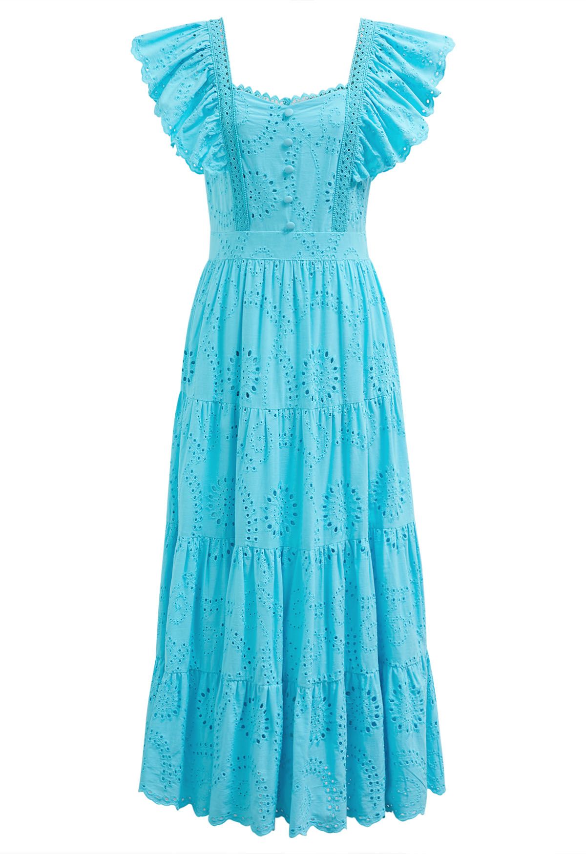 Robe longue brodée d'œillets à encolure en cœur en turquoise