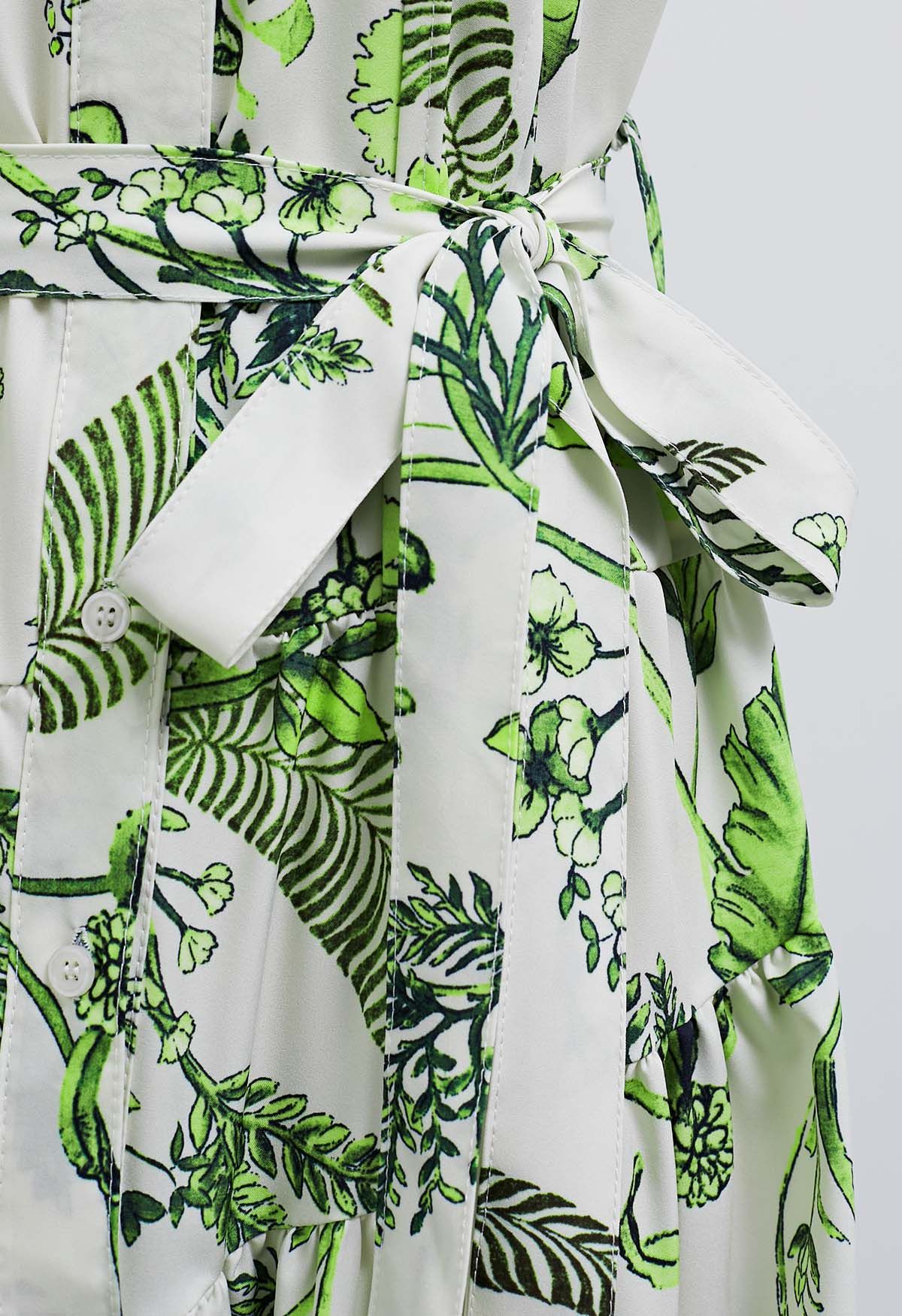 Robe chemise verte à manches courtes imprimée de feuilles de palmier tropicales