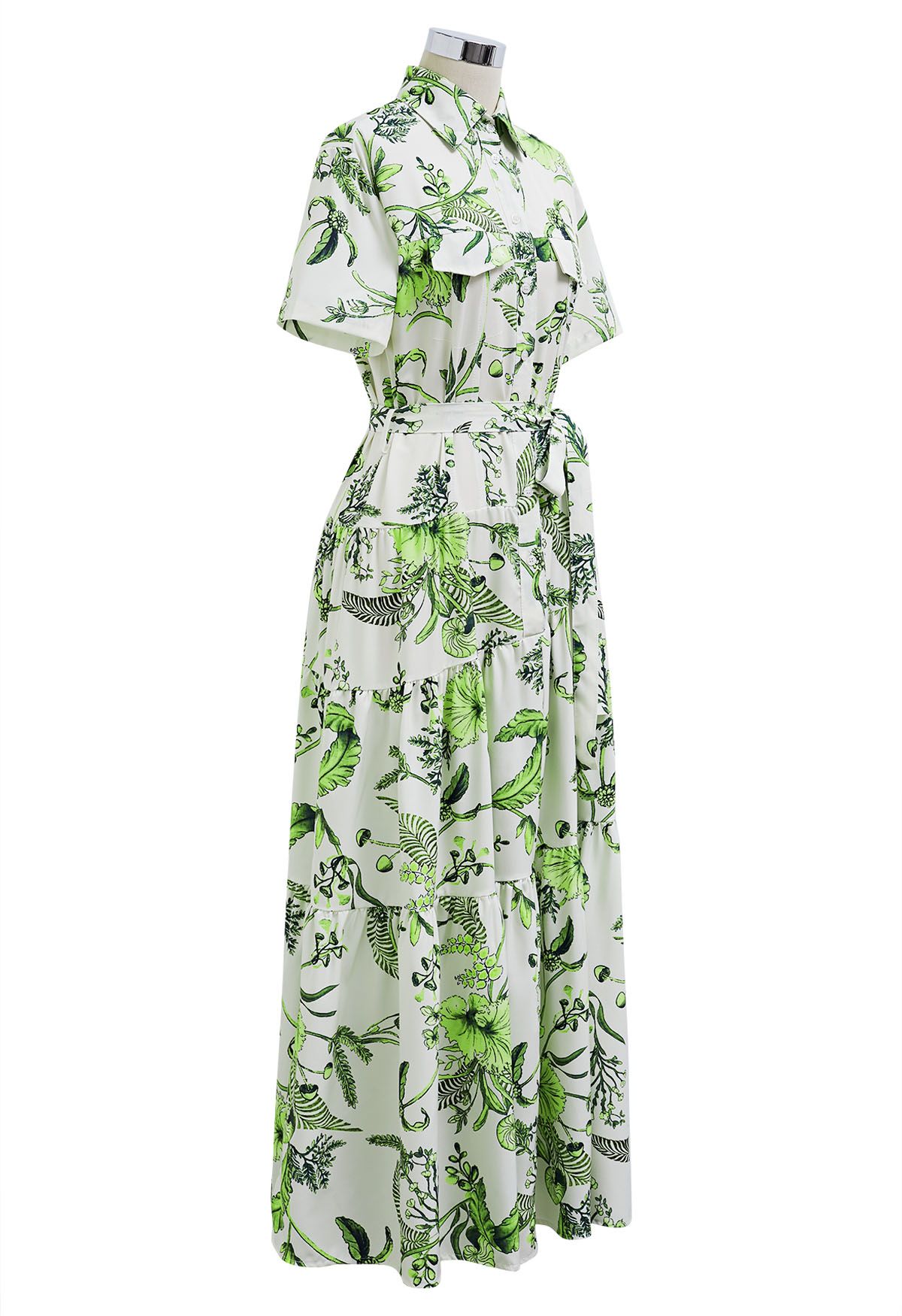 Robe chemise verte à manches courtes imprimée de feuilles de palmier tropicales