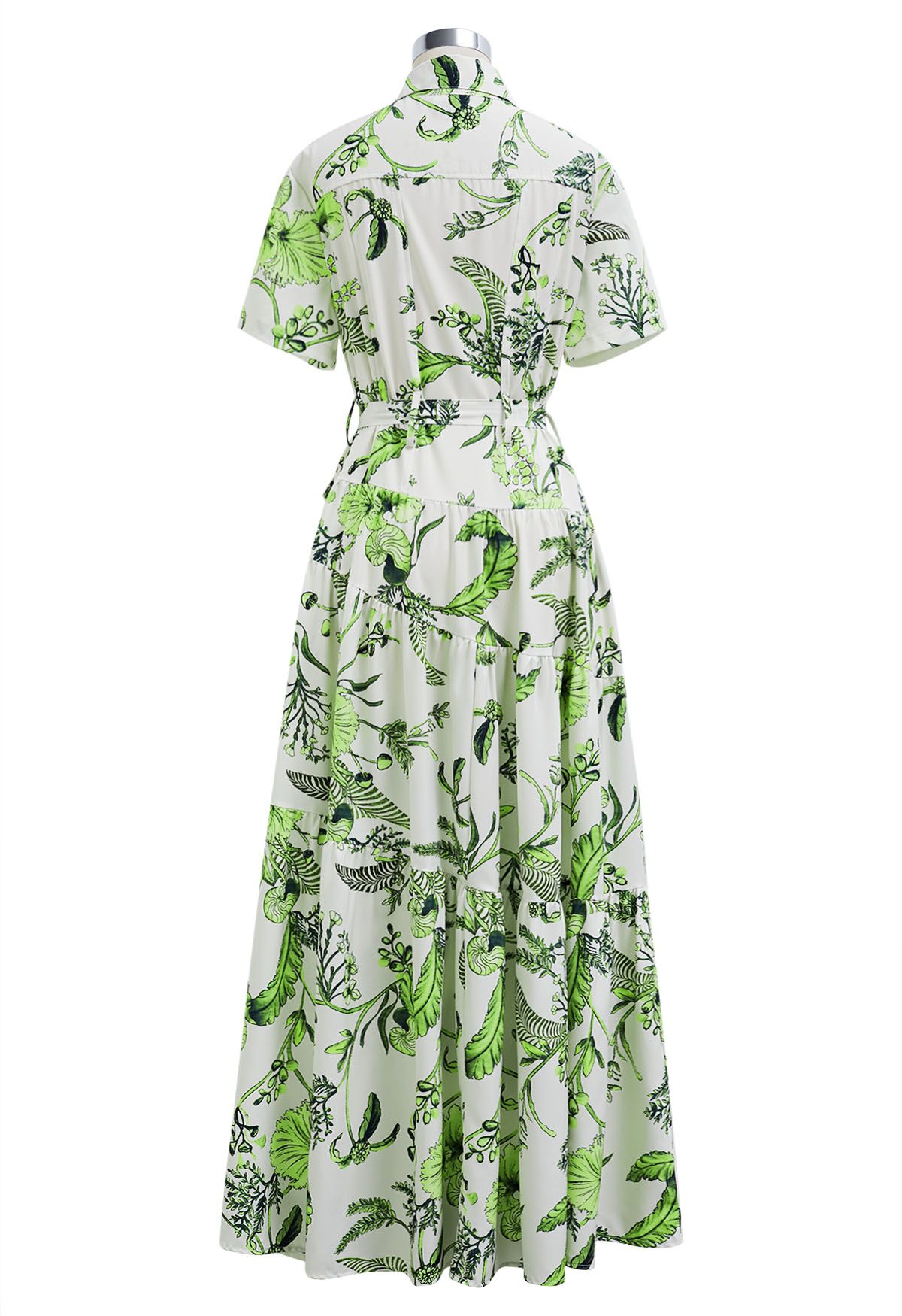 Robe chemise verte à manches courtes imprimée de feuilles de palmier tropicales