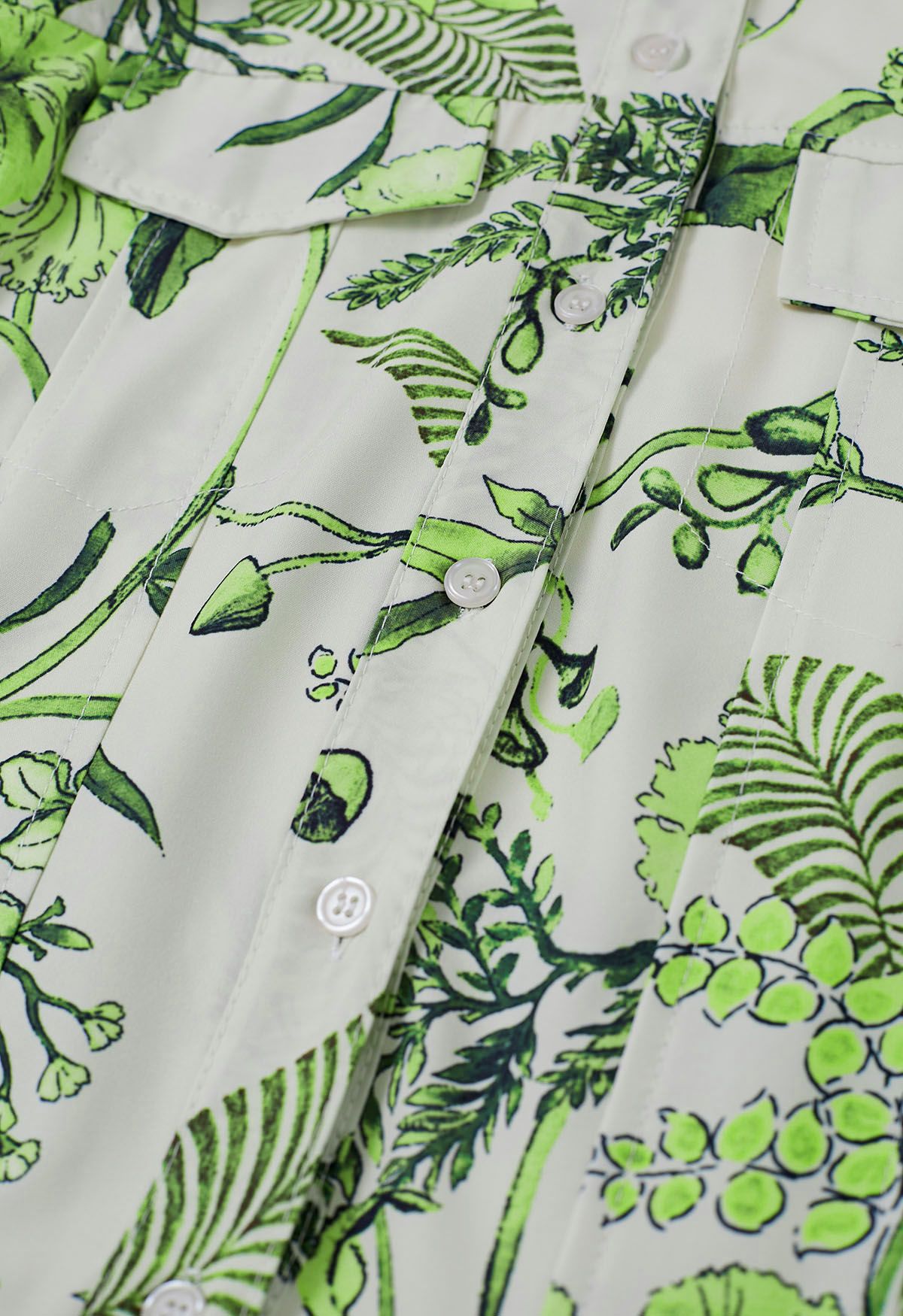 Robe chemise verte à manches courtes imprimée de feuilles de palmier tropicales