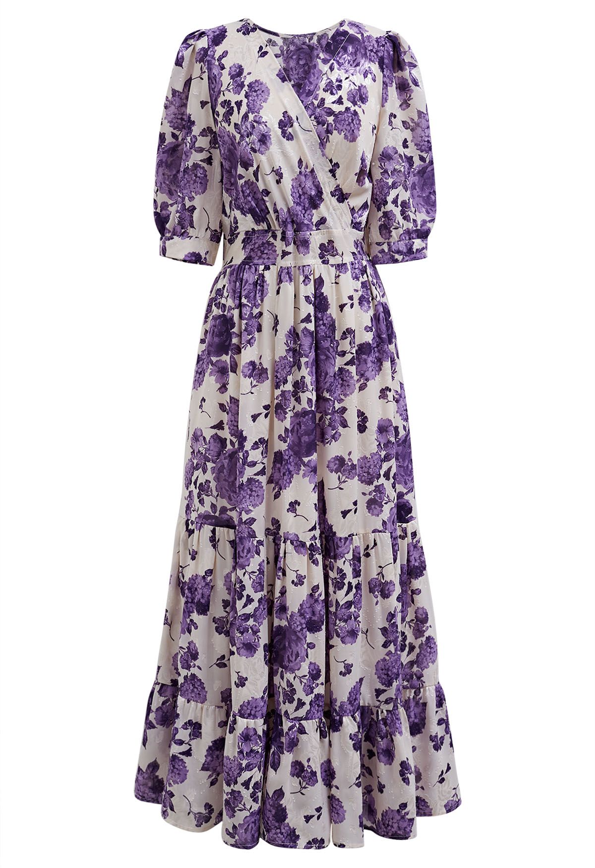 Robe portefeuille à volants en jacquard floral violet