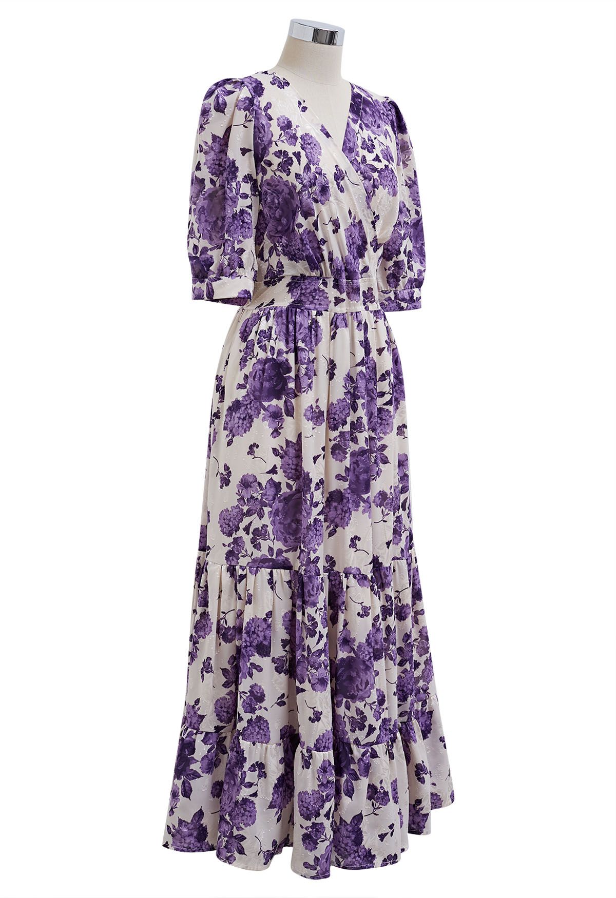 Robe portefeuille à volants en jacquard floral violet