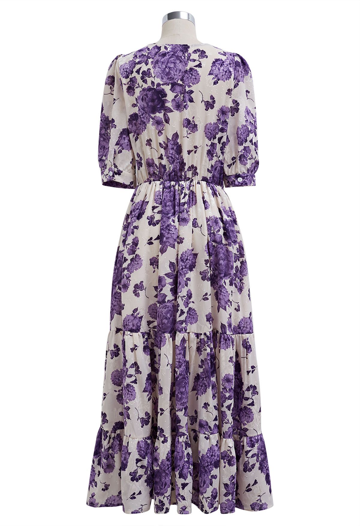 Robe portefeuille à volants en jacquard floral violet