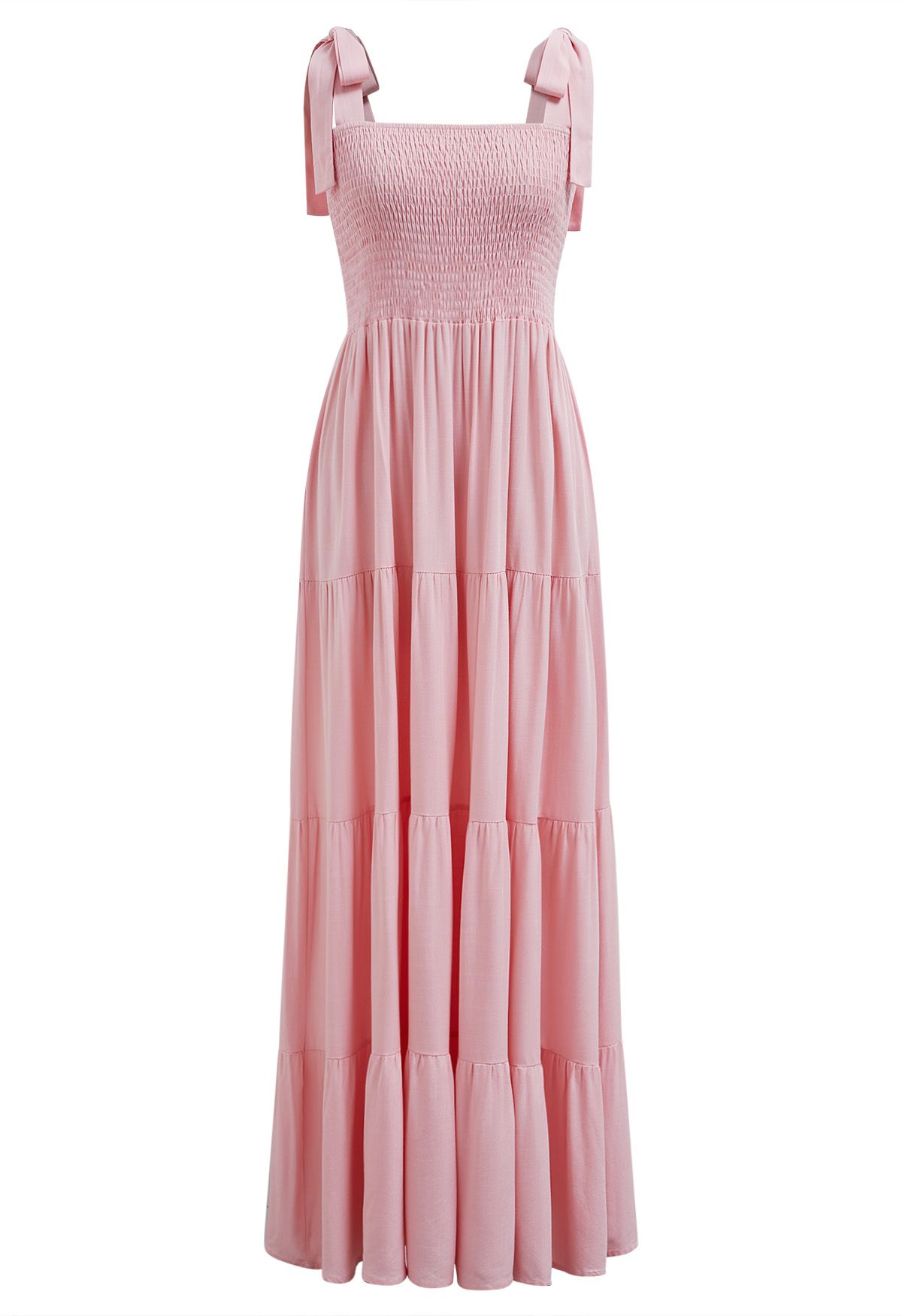 Robe longue froncée à épaules nouées flottantes en rose