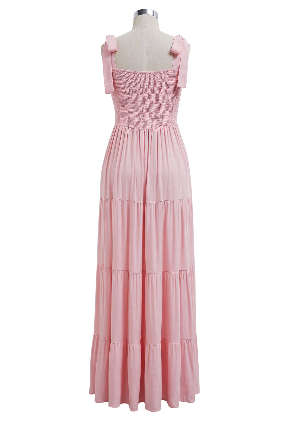 Robe longue froncée à épaules nouées flottantes en rose