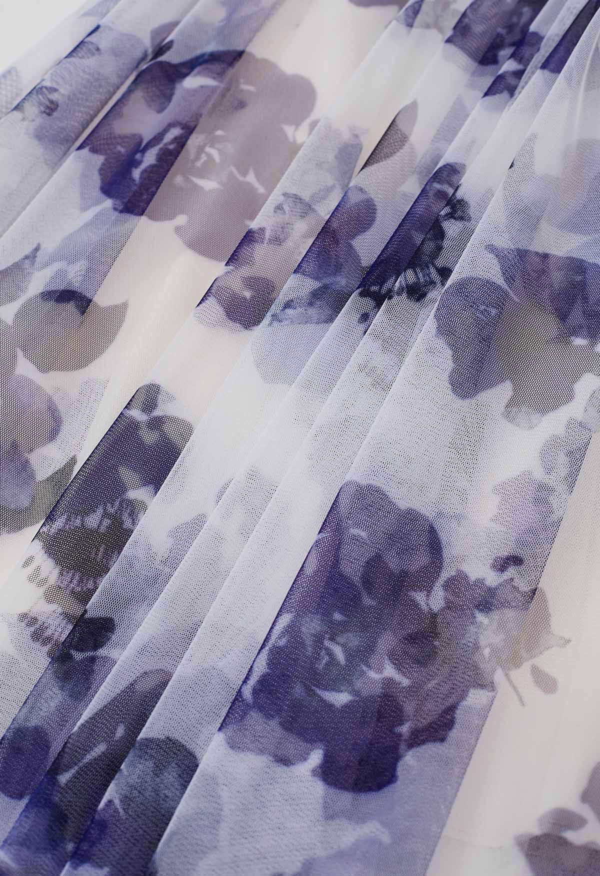 Jupe midi en tulle en maille florale aquarelle en violet