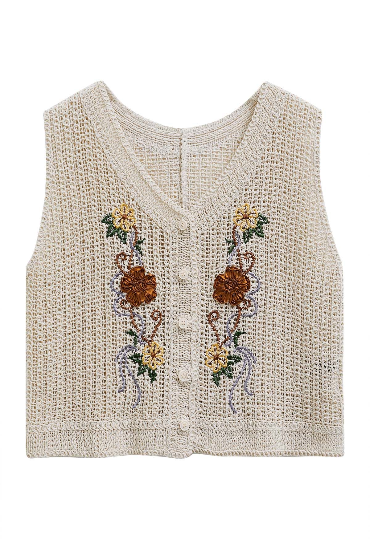 Gilet en coton au crochet brodé floral 3D 