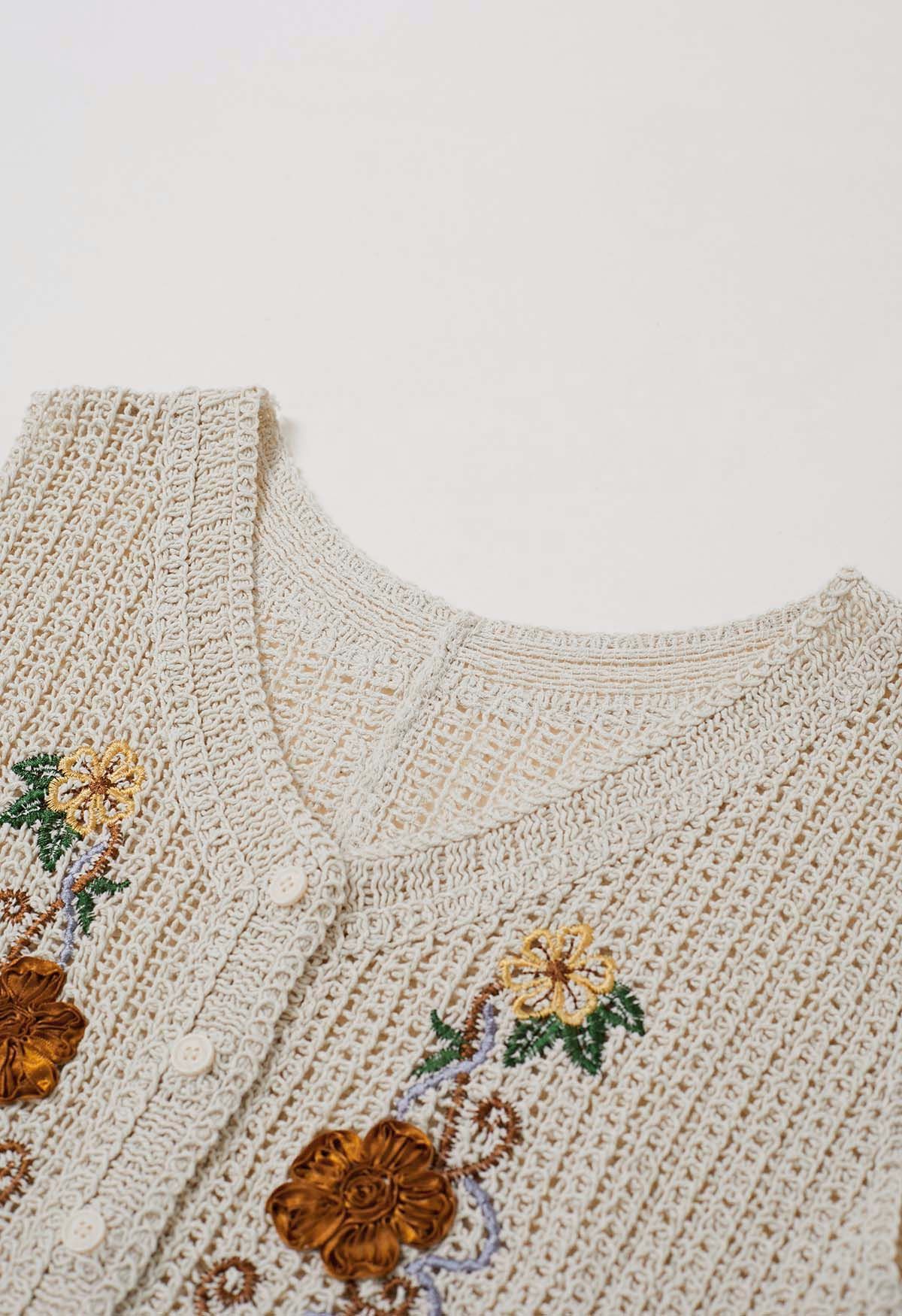 Gilet en coton au crochet brodé floral 3D 