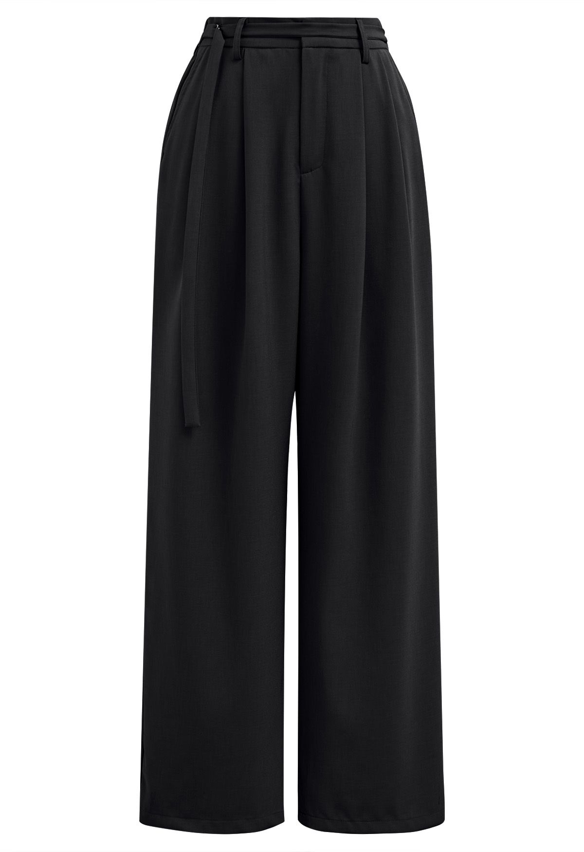 Pantalon Palazzo Plissé à Taille Ceinturée en Noir