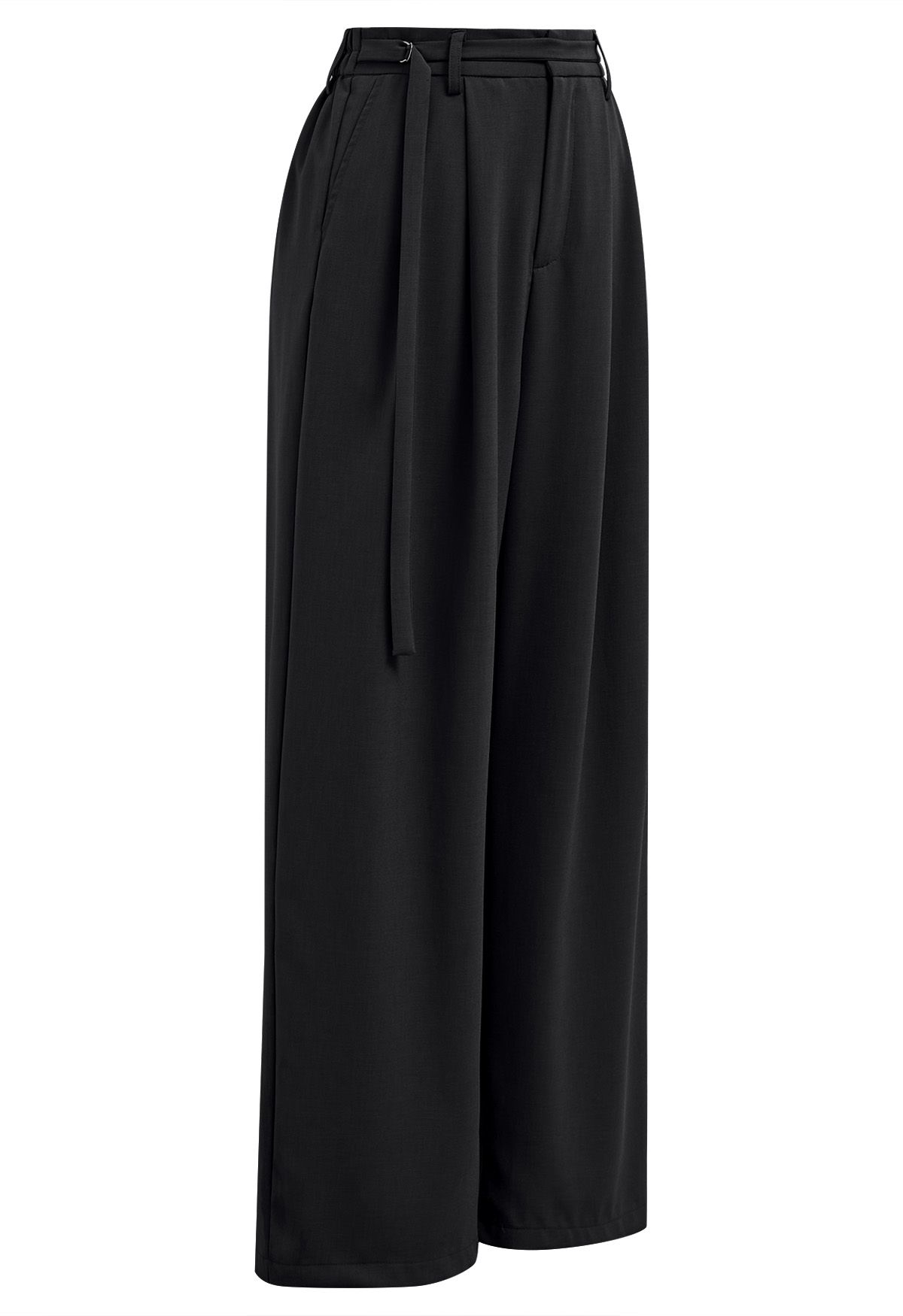 Pantalon Palazzo Plissé à Taille Ceinturée en Noir