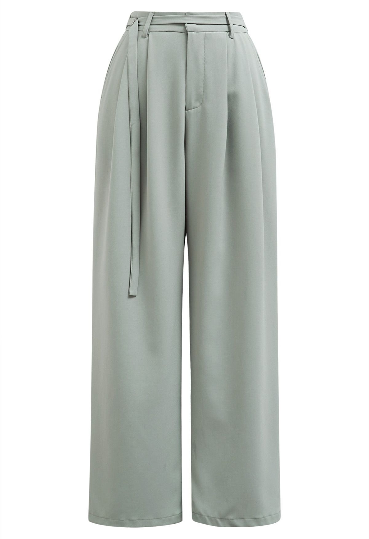 Pantalon Palazzo Plissé à Taille Ceinturée en Vert Pois