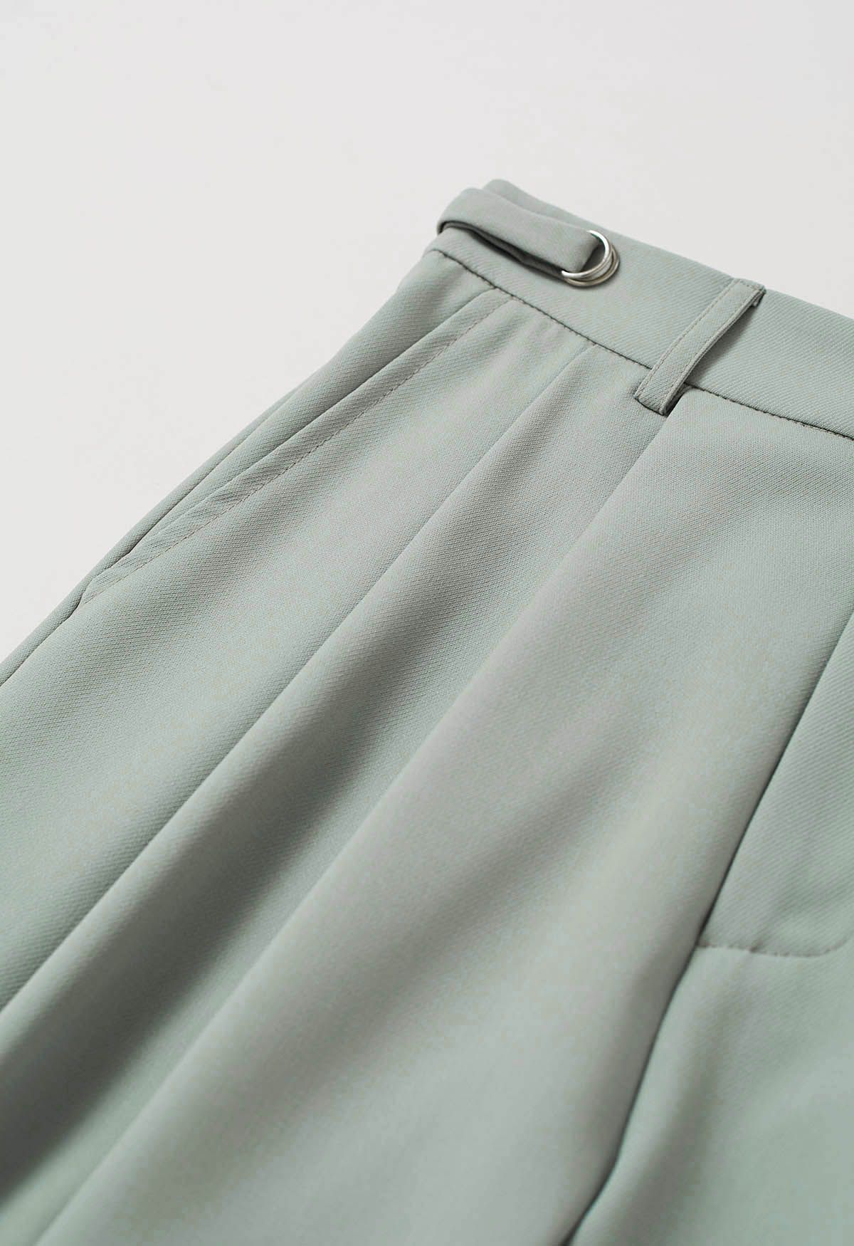 Pantalon Palazzo Plissé à Taille Ceinturée en Vert Pois