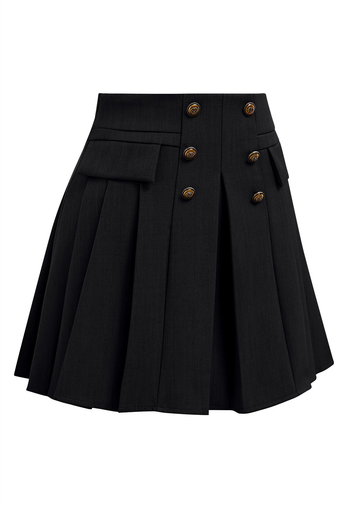 Mini jupe-short Preppy plissée à double boutonnage en noir