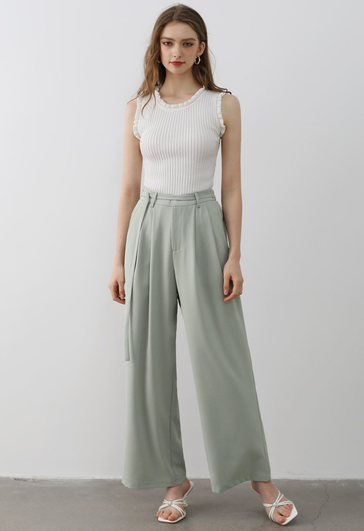 Pantalon Palazzo Plissé à Taille Ceinturée en Vert Pois