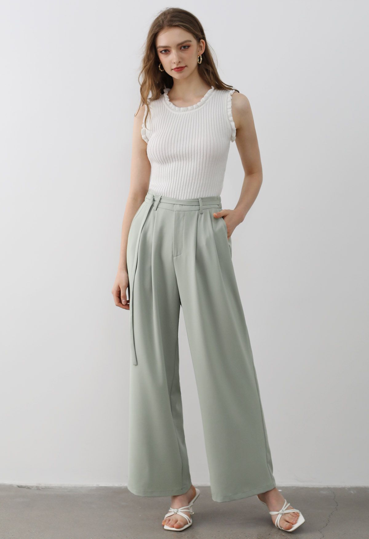 Pantalon Palazzo Plissé à Taille Ceinturée en Vert Pois